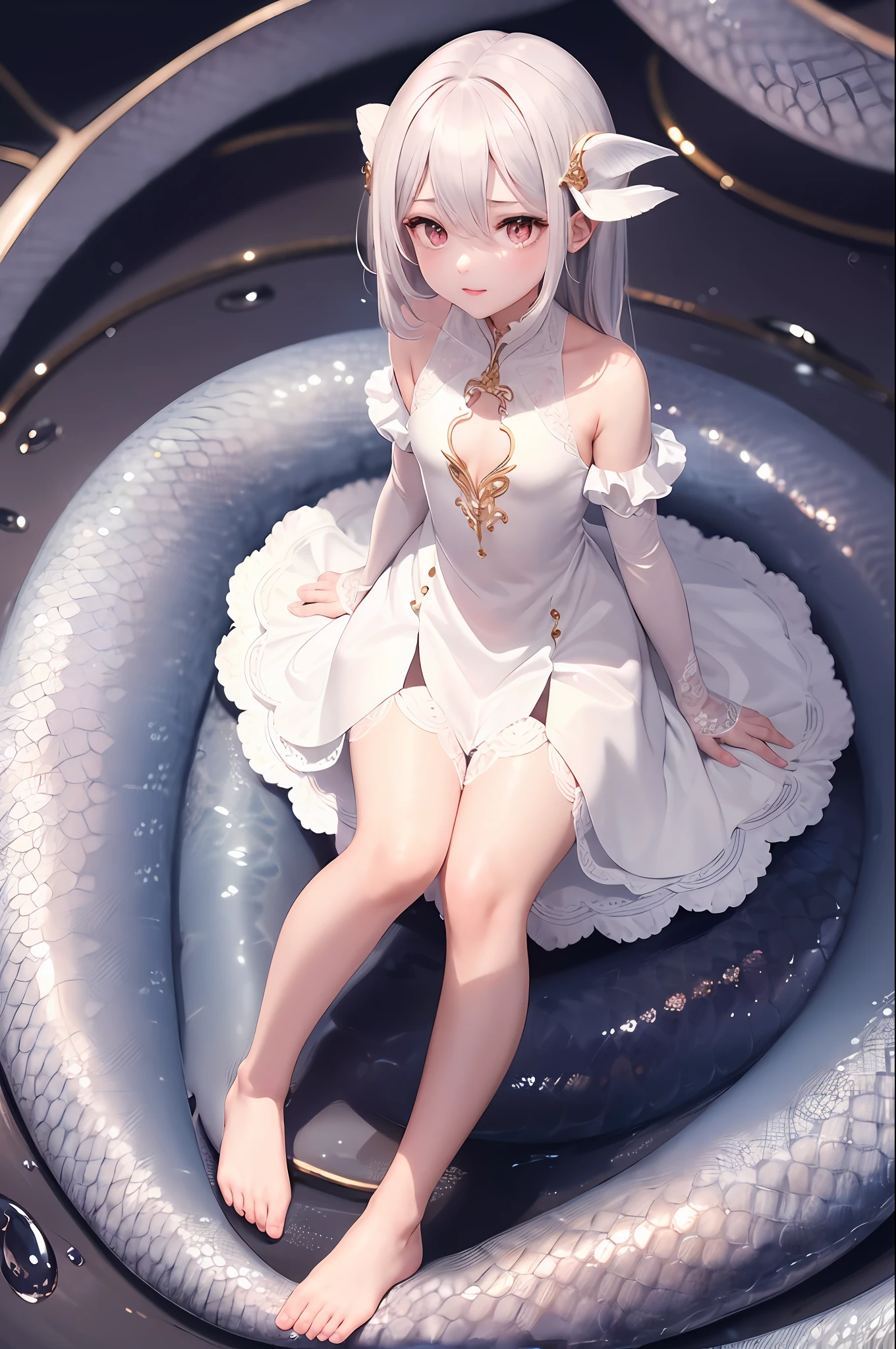 1girl, lamia, scales, white shirt, full body, Original Character, Volumetric Lighting, Best Shadows, Shallow Depth of Field, Stunningly Beautiful Girl, Petite, Delicate Beautiful Attractive Face