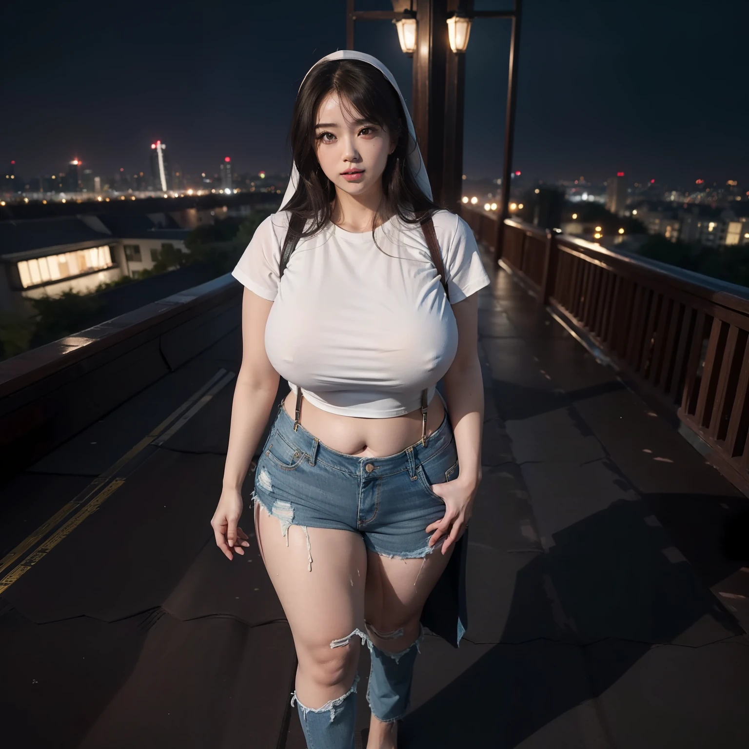 ((midynight, Need, 8k, tmasterpiece:1.3)), full bodyesbian, Long legs, Focalors:1.2, perfect figure beautiful woman:1.4, Slim abs:1.1, ((Dark brown hair, huge tit:1.2 )), (white tight t-shirt, Denim suspenders, standing on your feet:1.2), ((city night scene, the roof:1.3)), Highly detailed facial and skin texture, A detailed eye, 二重まぶた,Mature hood loincloth ,fatness,prengant,Large ,huge tit,plumw,Fat ass,,Orgasmic face,Drenched Body,nakeness,lewd nun,mental breaking