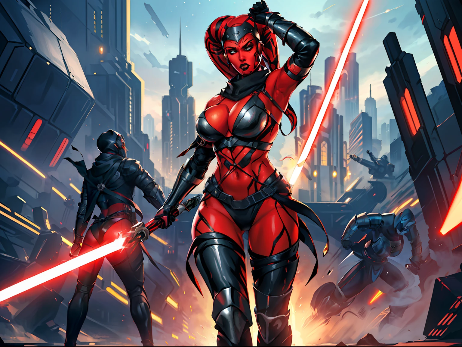 Gorgeous big tits Twi'lek gladiatrix woman in an action scene, (((fighting, swordfight, dual red lightsabers))), dynamic action, masterpiece, best quality, high-definition, armor, busty, ((red skin), twi'lek), dual red lightsabers, evil space knight, space ninja, space gladiatrix, (wearing (black spandex), black armor, black stealth armor, breastplate, tunic, tabard, cowl, cloak, bodysuit, black spandex, straps, buckles, skirts, long sleeves, ((armor))), ((busty), slender body, thin, slim, Imperial starship, Star Wars, futuristic city, warzone, soldiers in black armor