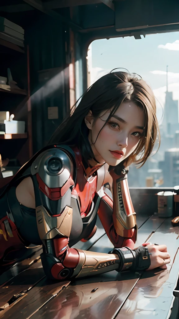 (1girl:1.3), solo,__body-parts__, official art, unity 8k wallpaper, ultra detailed, beautiful and aesthetic, beautiful, masterpiece, best quality, RAW, masterpiece, super fine photo,, best quality, super high Resolution, photorealistic, sunlight, full body portrait, stunningly beautiful,, dynamic pose, delicate face, vibrant eyes, (side view), she is wearing a futuristic Iron Man mech, red and gold, Highly detailed abandoned warehouse background, detailed face, detailed complex busy background, messy, gorgeous, milky, high detailed skin, realistic skin details, visible pores, sharp focus, volumetric fog, 8k uhd, dslr camera, High quality, film grain, fair skin, photorealism, lomography, sprawling metropolis in a futuristic dystopia, view from below, translucent