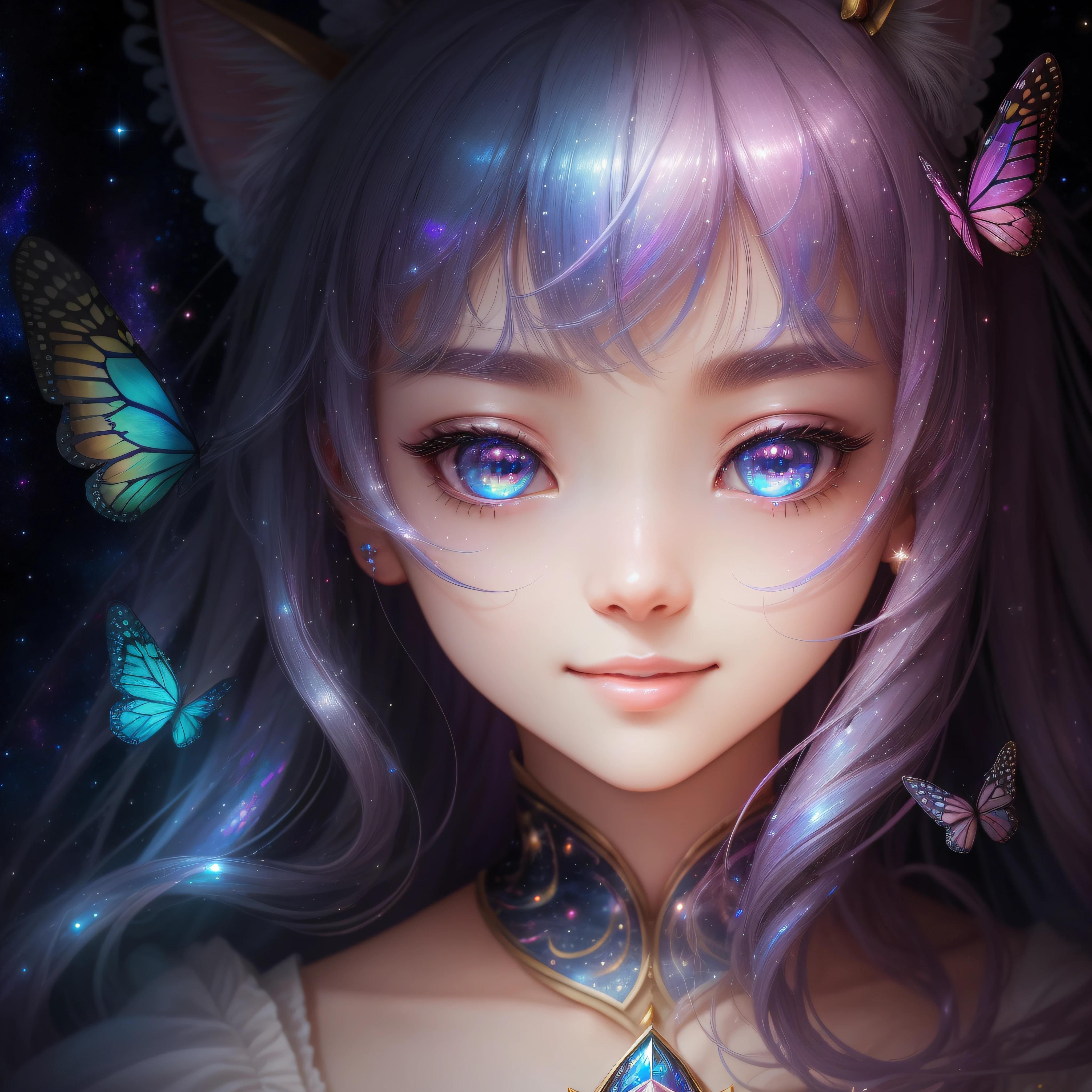 Close up of a smile with the corners of the mouth raised、Close up of a smile with the corners of the mouth raised、Close up of a smile with the corners of the mouth raised、close up of face、close up of face、close up of face、round and clear eyes、Shining eyes、Shining eyes、Beautiful 22 year old woman、dreamlikeart、Highly detailed airbrush art(((Surreal))、intricate detailes、Volumetric lighting、(masterpiece:1.2)、(top-quality)、(The ultra-detailliert)、(The composition of the movement:1.4)、Highly detailed colorful details、(Irridescent color:1.2)、(Bright lighting)、dream-like、Magical、dynamic compositions、Ray traching、The mirror reflects light、Shallow depth of field、ultra-detailliert、mixing exposure、nffsw、Super masterpiece、vivd colour、colourfull、One woman's face、(Cute cat in clothes)、Anthropomorphic representation、Rich colors、exquisitedetails、(masutepiece,Best Quality:1.5), (butterflys,Exquisite butterflies,Ultra CG), (High resolution:1.5)、(Big eyes、Iridescent eyes、Shining eyes、Eye Gloss)(Smile with the corners of your mouth raised、Open mouth、lipgloss)、(bangss、Silver-pink hair)、The universe is infinite、stele々and planets、There are countless galaxies。Countless stars々Shines、Its brilliance is mysterious and fascinating。The brilliance of beautiful celestial bodies creates a fantastic sight。
stele々Available in different colors and sizes.、Among them is blue、reddish、yellow, etc.々Color exists。Brewster, In particular, It is a young and active star.、Red stars represent mature or giant stars。This diverse star々But、Add fantastic colors to outer space。