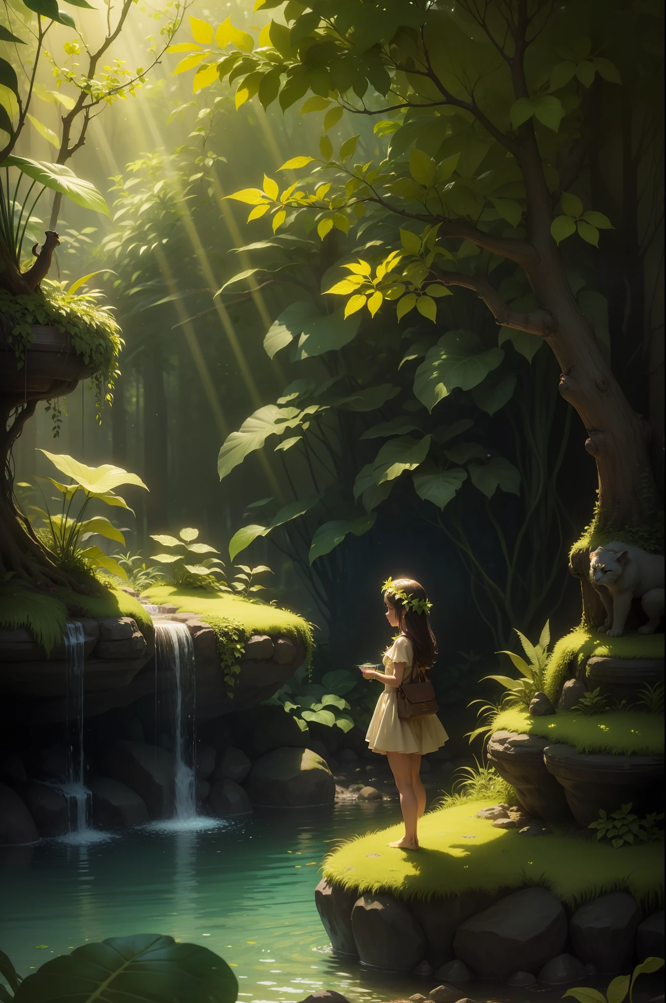 A miniature paradise of beauty, with lush foliage and softly glowing leaves, illuminated by a blissful and contented sprite.