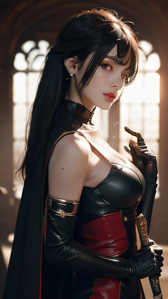 1girl, weapon, sword, jewelry, earrings, black_hair, breasts, solo, gloves, holding_weapon, holding_sword, medium_breasts ((top-quality)), ((masterpiece)), (detaileds:1.4), 3D, Beautiful woman image、HDR(HighDynamicRange),Ray traching,NVIDIA RTX,Hyper-Resolution,Unreal 5,sub-surface Scattering,PBR Texturing,Postprocess,Anisotropy Filtering,depth of fields,Maximum clarity and sharpness,multi-layer texture,Albedo and specular maps,Surface Shading,Accurate simulation of light-material interactions,perfectly proportions,Octane Rendering,Two-tone lighting,Wide aperture,Low ISO、White Balance、thirds rule、8K RAW、looking at viewert