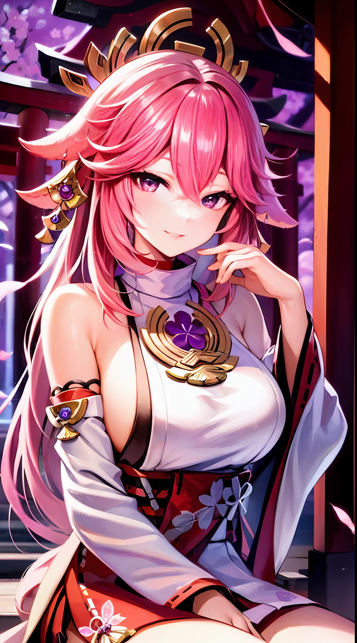 1girl, (ulzzang-6500:0.7), kpop idol, yae miko, detached sleeves, bare shoulders, pink hair, long hair, japanese clothes, best quality, (painting:1.5), (hair ornament:1.35), jewelry, purple eyes, earrings, breasts, torii, cherry blossoms, lantern light, depth of field, detailed face, face focus, ribbon_trim, (looking at viewer:1.25), nontraditional miko, shiny skin, long sleeves, smile, thick lips, game cg, hands on lips, east asian architecture, (blurry background:1.2), sitting, upper body,