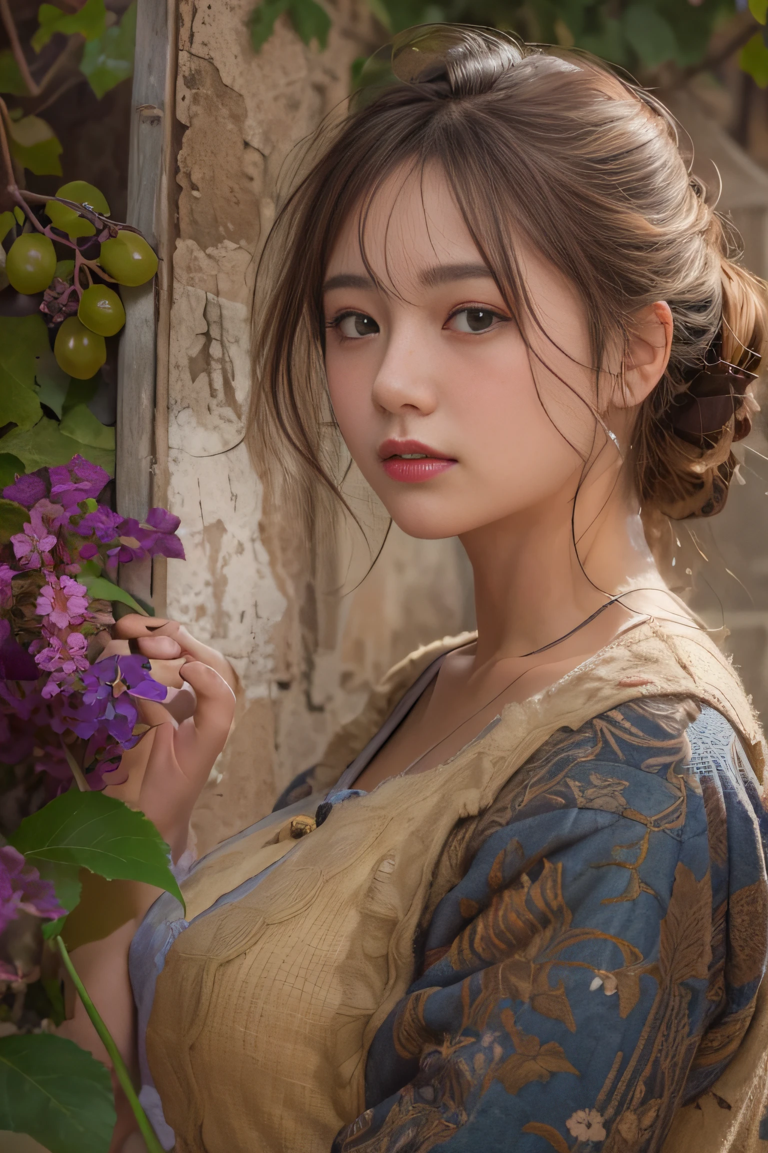 1girl in, high detailing, renaissance, romanticism, American Propaganda Posters, Expressionism, Genre painting, Impressionism, nffsw, Anatomically correct, Textured skin, high details, awardwinning, Best Quality, hight resolution, 8K、beautiful countenance、A detailed face、country girl、20yr old、Beautie、The most beautiful women in the village、farming、(FULL BODYSHOT)、perfectly proportions、Curvaceous、Healthy beauty、Skip、a little bit smile、Happiness、Grape picking、Vineyards、Soft light、