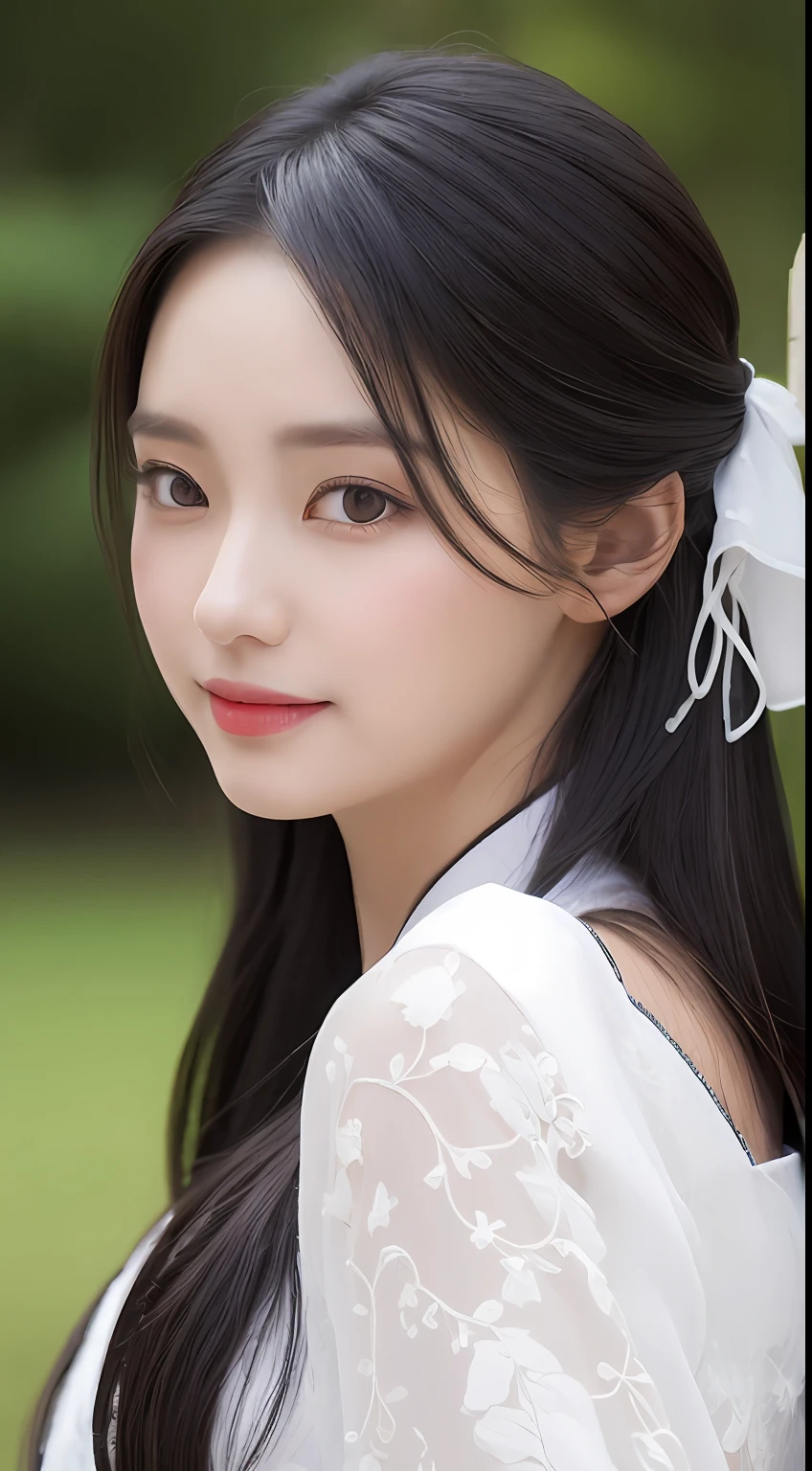 (best qualtiy, 8K, tmasterpiece:1.3)) ,(One guy:1.4),1girll,A Korean woman,A goddess,25 age old,Portrait Photogram,hight contrast, God perspective,Aperture F1.2,Focal length 24mm,Full body photo,ssmile,posed for photo,Exquisite lace,White Hanfu,Exquisite embroidery pattern,cabelos preto e longos,hair tying up,Ultra-detailed skin details,Detailed fabric texture