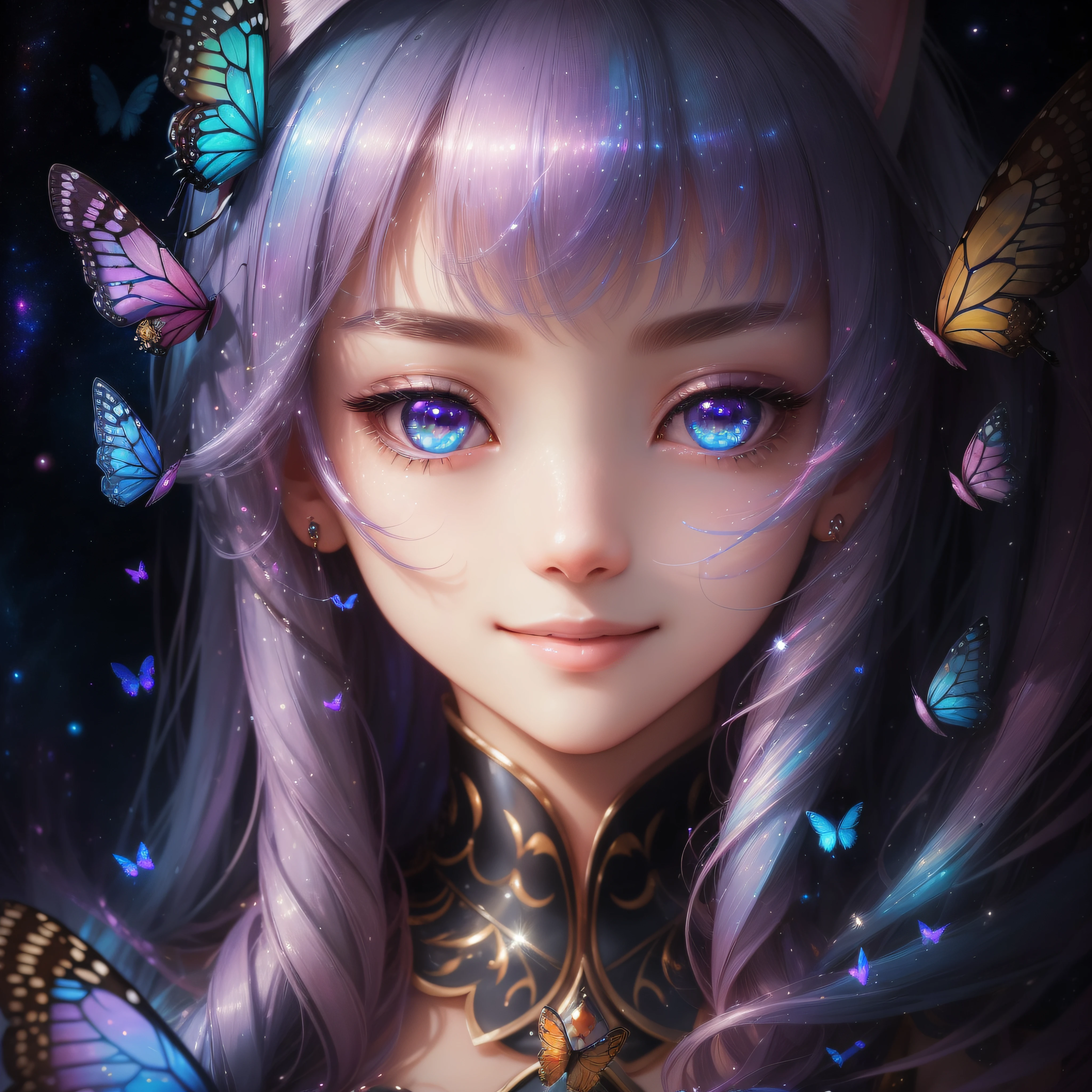 Close up of a smile with the corners of the mouth raised、Close up of a smile with the corners of the mouth raised、Close up of a smile with the corners of the mouth raised、close up of face、close up of face、close up of face、round and clear eyes、Shining eyes、Shining eyes、Beautiful 22 year old woman、dreamlikeart、Highly detailed airbrush art(((Surreal))、intricate detailes、Volumetric lighting、(masterpiece:1.2)、(top-quality)、(The ultra-detailliert)、(The composition of the movement:1.4)、Highly detailed colorful details、(Irridescent color:1.2)、(Bright lighting)、dream-like、Magical、dynamic compositions、Ray traching、The mirror reflects light、Shallow depth of field、ultra-detailliert、mixing exposure、nffsw、Super masterpiece、vivd colour、colourfull、One woman's face、(Cute cat in clothes)、Anthropomorphic representation、Rich colors、exquisitedetails、(masutepiece,Best Quality:1.5), (butterflys,Exquisite butterflies,Ultra CG), (High resolution:1.5)、(Big eyes、Iridescent eyes、Shining eyes、Eye Gloss)(Smile with the corners of your mouth raised、Open mouth、lipgloss)、(bangss、Silver-pink hair)、The universe is infinite、stele々and planets、There are countless galaxies。Countless stars々Shines、Its brilliance is mysterious and fascinating。The brilliance of beautiful celestial bodies creates a fantastic sight。
stele々Available in different colors and sizes.、Among them is blue、reddish、yellow, etc.々Color exists。Brewster, In particular, It is a young and active star.、Red stars represent mature or giant stars。This diverse star々But、Add fantastic colors to outer space。