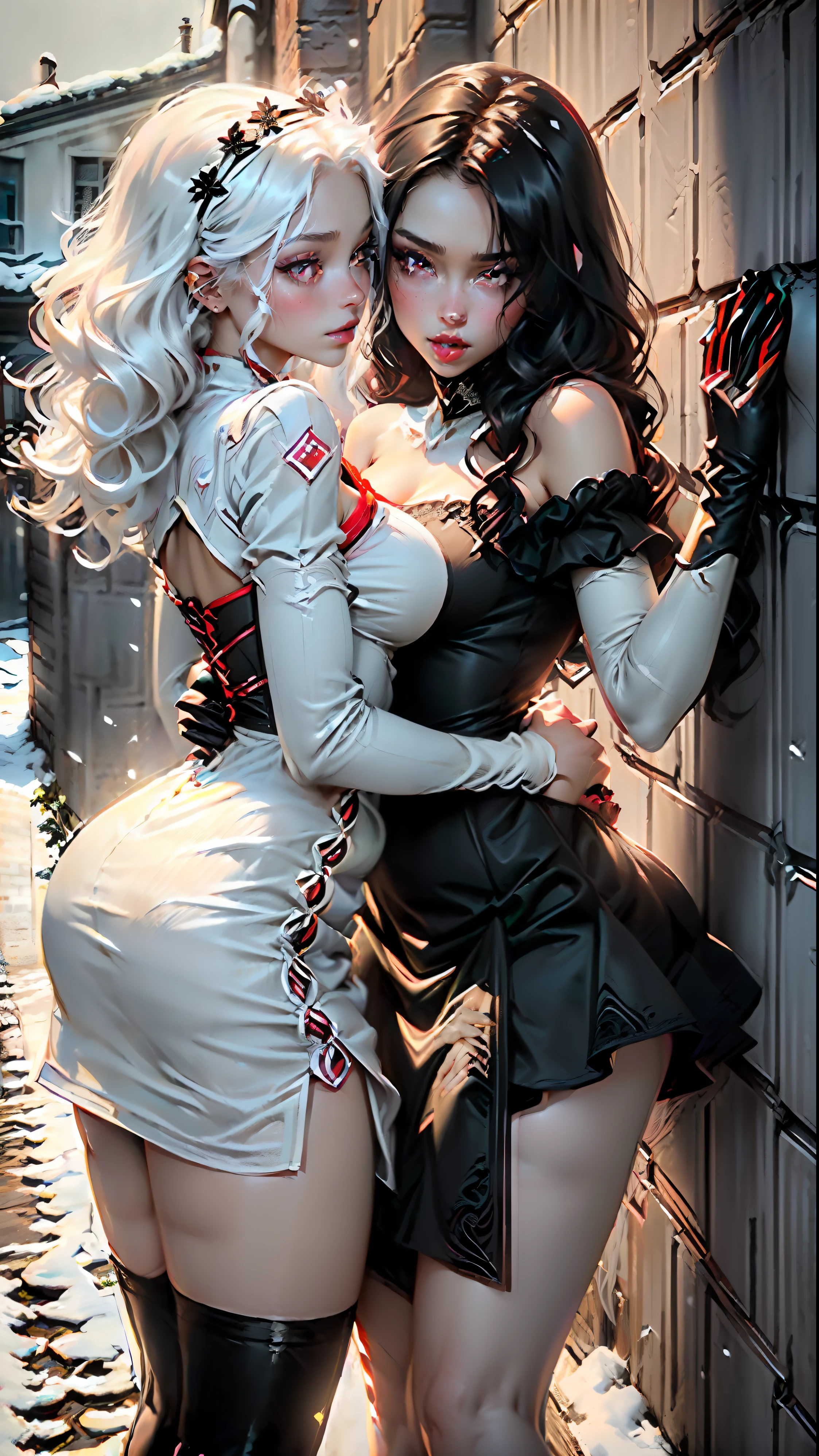 high detail, deep shadow. deep color, detailed face, high definition, 4k, 2 girls facing each other) (((14 year old girl))) (much shorter) eyeshadow, red glowing eyes, long lashes, fit body (((long beautiful snow white hair))) ((white as snow skin) thick pink lips, extremely thin waist, perky very large breasts, round butt (short tight black lace dress, cleavage.
((a slightly taller girl pushing another girl's back against the wall at the hips) (((28 year old girl))) taller, ((long beautiful black hair))(white as snow skin) (red glowing eyes) large perky breasts (both have glowing red eyes)
((both have pale white as bone flesh))
((about to kiss))(boobs are touching)(sexual) (seductive expressions)((outside))((one brick wall))one has black hair, (grabbing the other's butt and boob)(both in dresses)