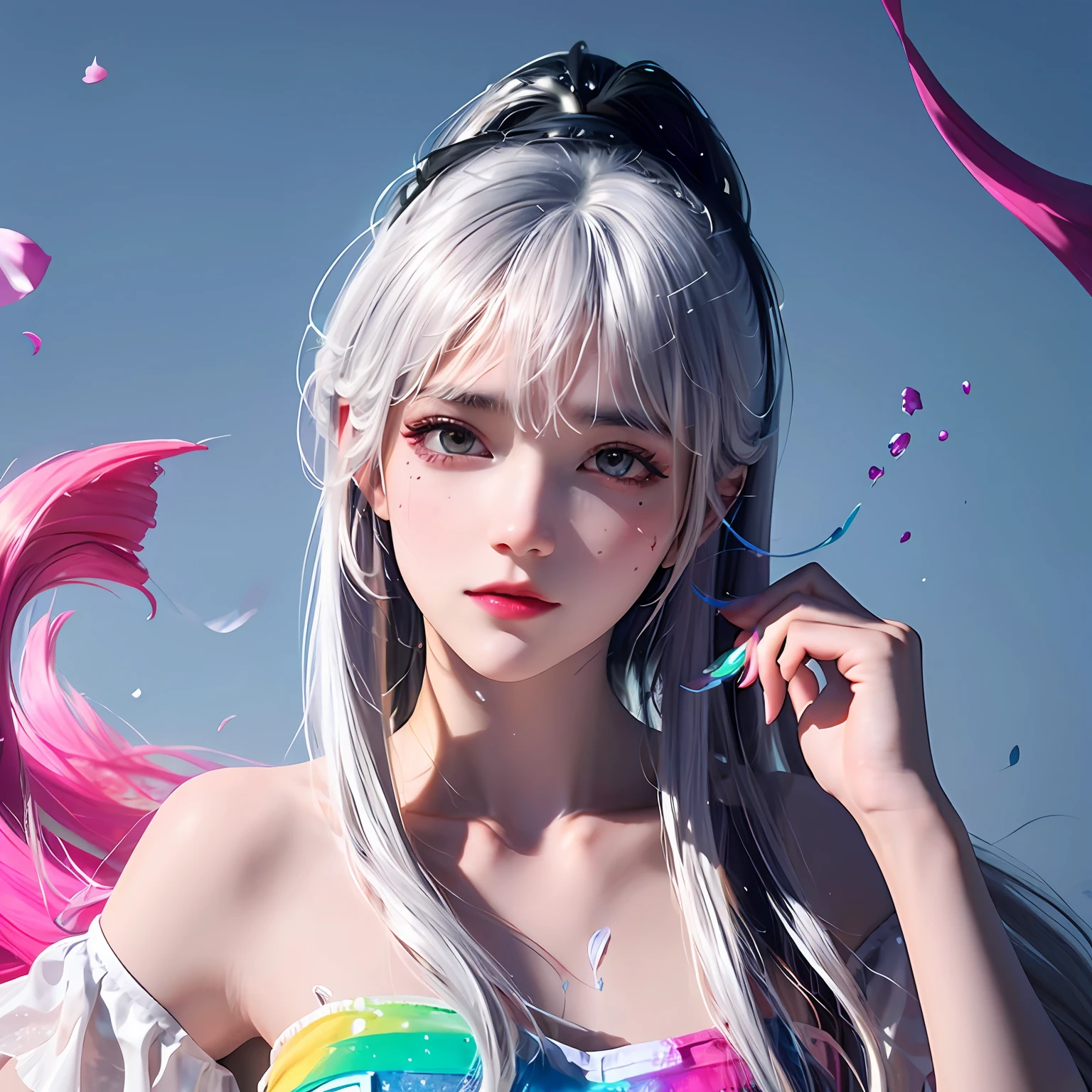 (Pink fashion T-shirt:1.9),(Colorful hair:1.8),(Rainbow all colors:1.8),((((Vertical painting:1.6))),(painting of a:1.6),frontage,comic strip,illustration,painting of a,largeeyes,crystal-clear,(rainbow color gradient high ponytail:1.7),Delicatemakeup,Keep one's mouth shut,(Small Fresh:1.5),(Bandeau:1.6),long eyelasher,White shoulder T- shirt, White Shoulder Shirt,looking at viewert,watery big eyes,(rainbow colour hair:1.6), color splash, (solo:1.8), color splash, color explosion, colour splash, color explosion, Thick lacquer style,Messy lines,((shining)) ,(colorful), (colorful), (colorful), colorful, Thick Paint Style, (Splash) (Color Splash), Vertical Painting, Upper Body, Paint Splash, Acrylic Pigment, Gradient, Paint, Highest Image Quality, Highest image quality, Masterpiece, Solo, Depth of Field, Face Paint, colorful clothes, (ellegance: 1.2), opulent, long whitr hair, ventania, (ellegance: 1.3), (petals: 1.4),(((masterpiece))),(((Best quality at best))),((ultra - detailed)),(illustratio),(dynamic angle),((floatking)),(Paintwork),((Loose hair)),(solo),(1girl) , (( (Detailed anima face))),((Beautiful detailed face)),collars,Shoulders exposed,whaite hair,((The color hair)),((Striped hair)),Beautiful detailed eyes,(Gradient color eyes),(( (Colored eyes))),(((sci fi background))),(((high saturated))),(((Surrounded by colorful splashes))),