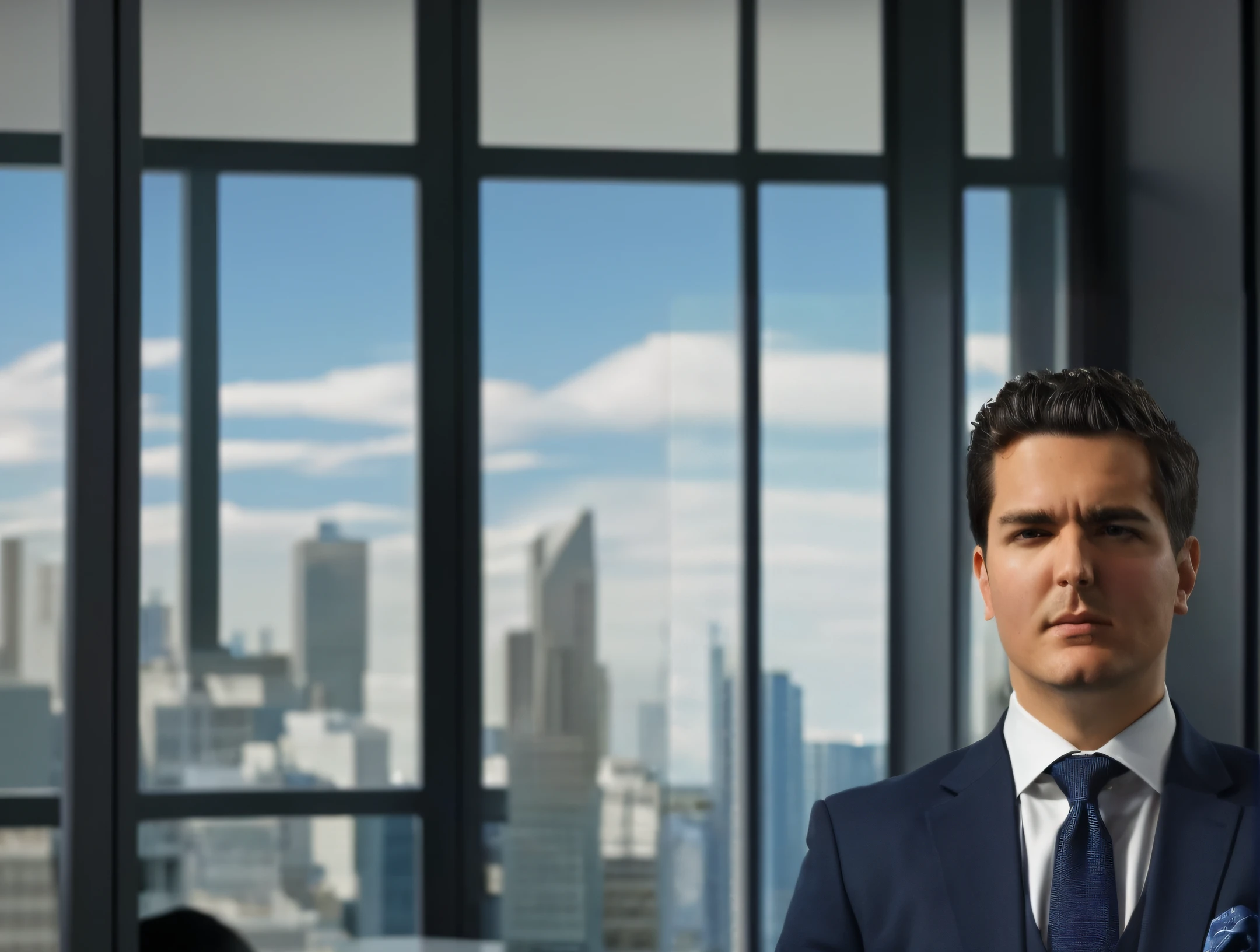 enlarge teh office room with large windows, man perfectly centered inside the picture