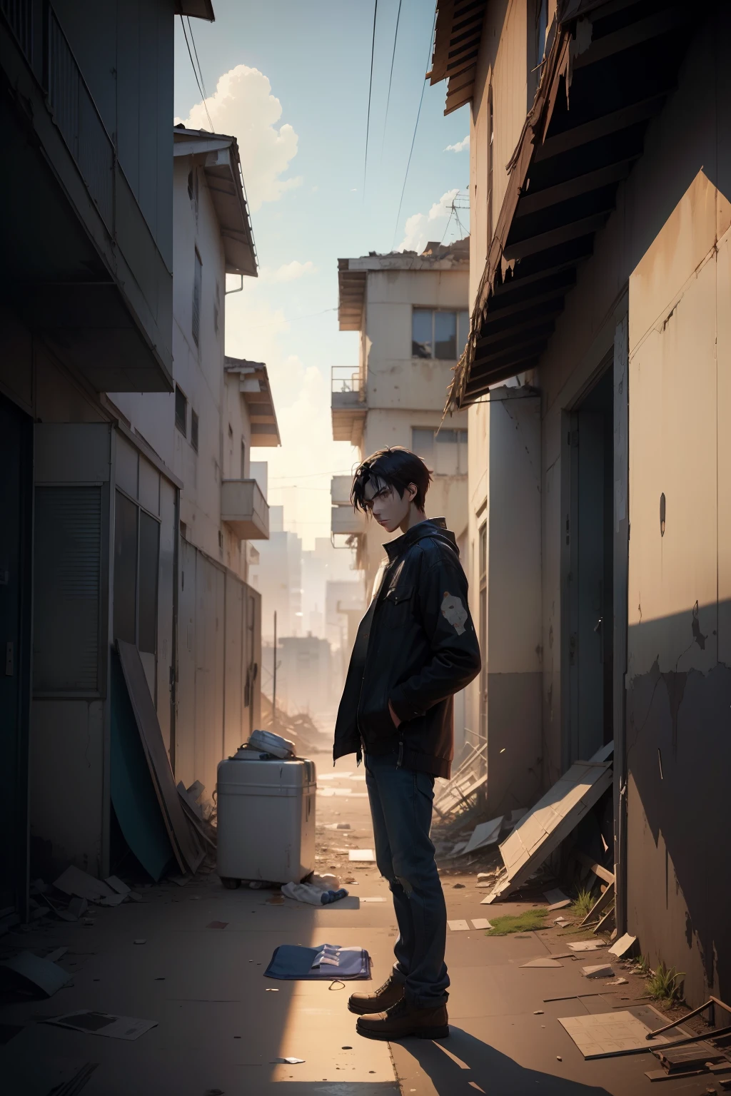 A young man stands in front of a dilapidated apartment，With an expression of helplessness and stress on his face，It is surrounded by a desolate environment，This painting is by Makoto Shinkai，Name《niji5》。