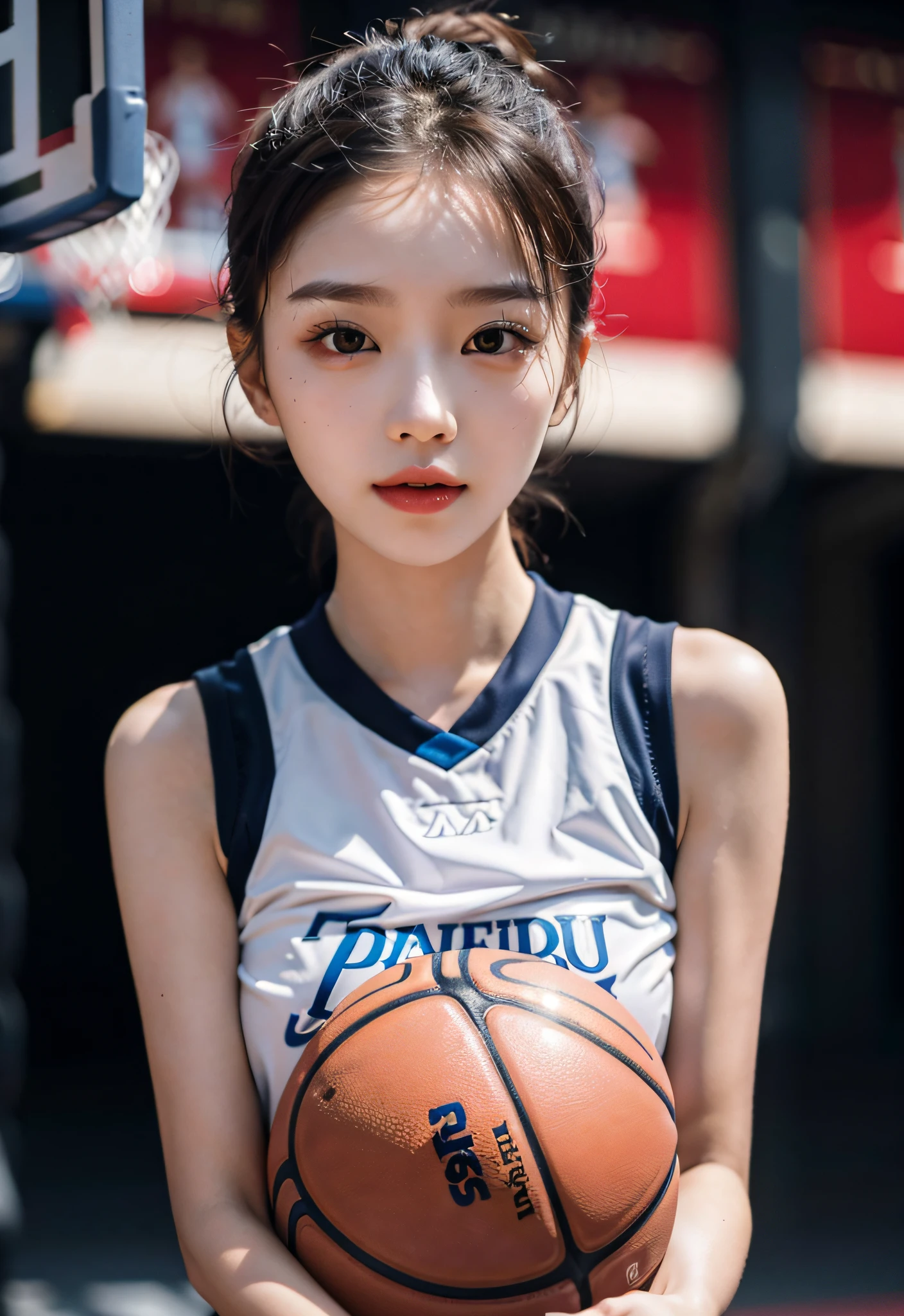 ( best qualtiy, tmasterpiece:1.2),A high resolution,4K,1girll,独奏,Delicate face,real looking skin,Dynamic light and shadow,Sharp focus,depth of fields,The eyes are delicate,pupil realistic, Playful expression, wear basketball uniform,(perfect bodies),(Big breasted 1.4),basketball playground,realisticlying, ultra - detailed, (shiny skins, perspired:1.4), looking at viewert,