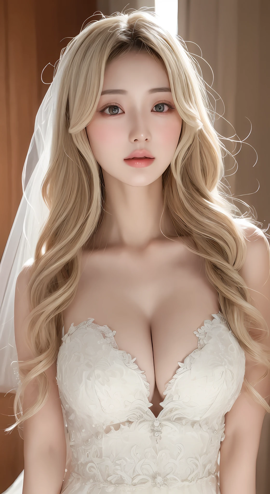 perfect figure beautiful woman:1.4,Layered Hair Style,Protruding cleavage,Dream wedding dress:1.5,Highly Detailed Face and Skin Textur,二重まぶた,Whiten the skin,long whitr hair