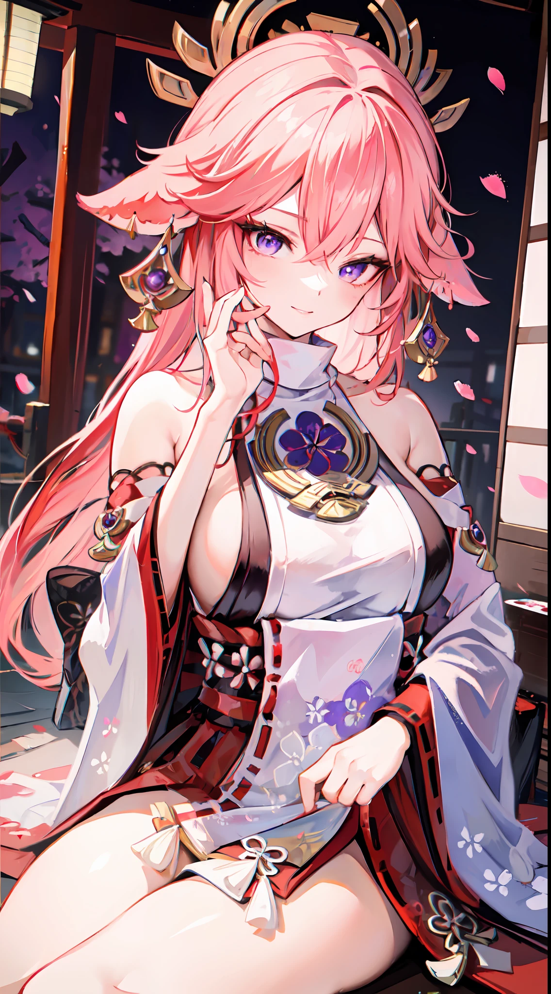 1girl, (ulzzang-6500:0.7), kpop idol, yae miko, detached sleeves, bare shoulders, pink hair, long hair, japanese clothes, best quality, (painting:1.5), (hair ornament:1.35), jewelry, purple eyes, earrings, breasts, torii, cherry blossoms, lantern light, depth of field, detailed face, face focus, ribbon_trim, (looking at viewer:1.25), nontraditional miko, shiny skin, long sleeves, smile, thick lips, game cg, hands on lips, east asian architecture, (blurry background:1.2), sitting, upper body,