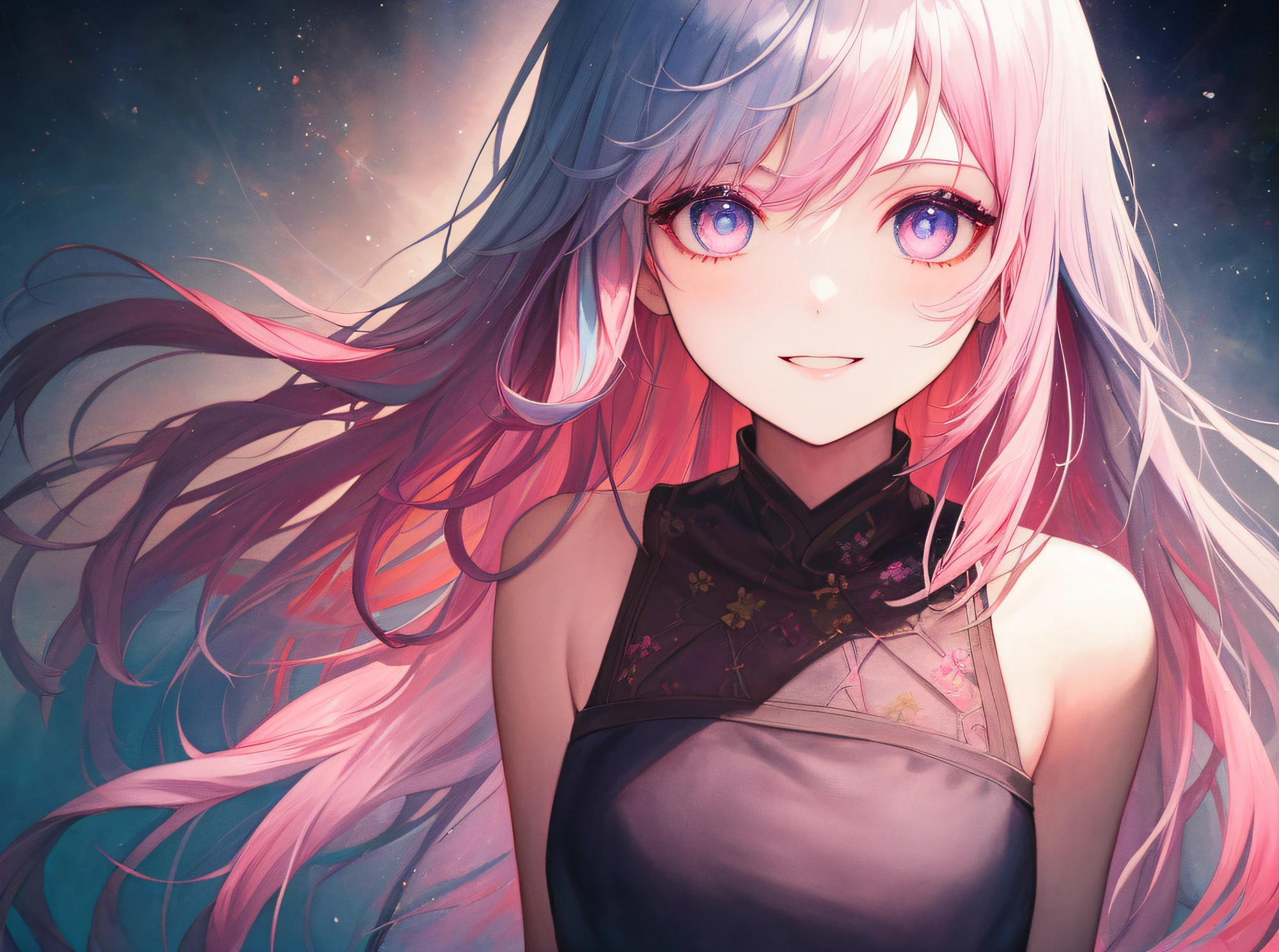 hyper detailed illustration ,superfine illustration, ((((masterpiece)))), High quality, very_high_resolution, Large_filesize, fulcolor ,Very cute and beautiful girl,Very cute and beautiful anime face and eyes, Very delicate eyes,eye shadow,Female, 年轻,20 years old, One side up、Solo, 1 girl, Transparent skin ,head to waist, multicolored hair(silber hair pink there)、Pink mesh、Natural smile, small tits、Sleeveless, arms behind back, watercolor paiting、Beautiful background,Fantastic background、夏天、((From waist to head))