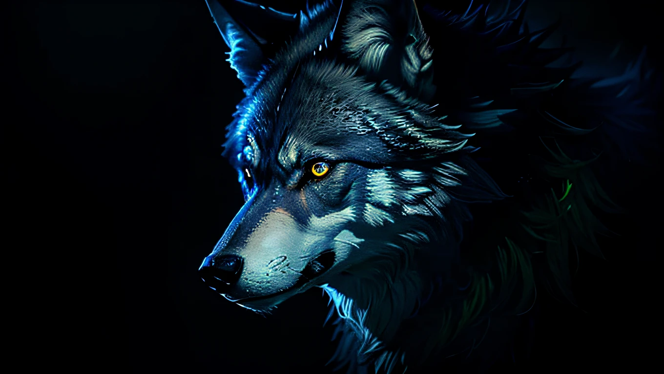 masterpiece, best quality, dark environment, backlit, blue moon, wolf, wolf head, wolf hair, (very detailed CG unified 8k wallpaper), (best quality), (best illustration), bow-waisted werewolf, close-up, focused face, depth of field, blurred background, black forest, (best shadows), detailed green eyes, ridiculous, realistic lighting, (abyss), beautifully detailed, Peter Morbach's work, fog,