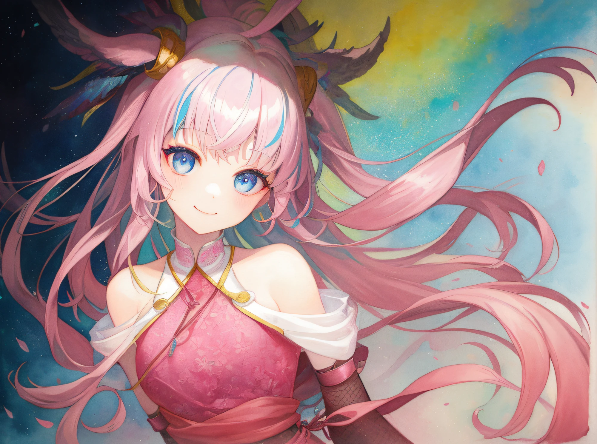 hyper detailed illustration ,superfine illustration, ((((masterpiece)))), High quality, very_high_resolution, Large_filesize, fulcolor ,Very cute and beautiful girl,Very cute and beautiful anime face and eyes, Very delicate eyes,eye shadow,Female, 年轻,20 years old, One side up、Solo, 1 girl, Transparent skin ,head to waist, multicolored hair(silber hair pink there)、Pink mesh、Natural smile, small tits、Sleeveless, arms behind back, watercolor paiting、Beautiful background,Fantastic background、夏天、((From waist to head))