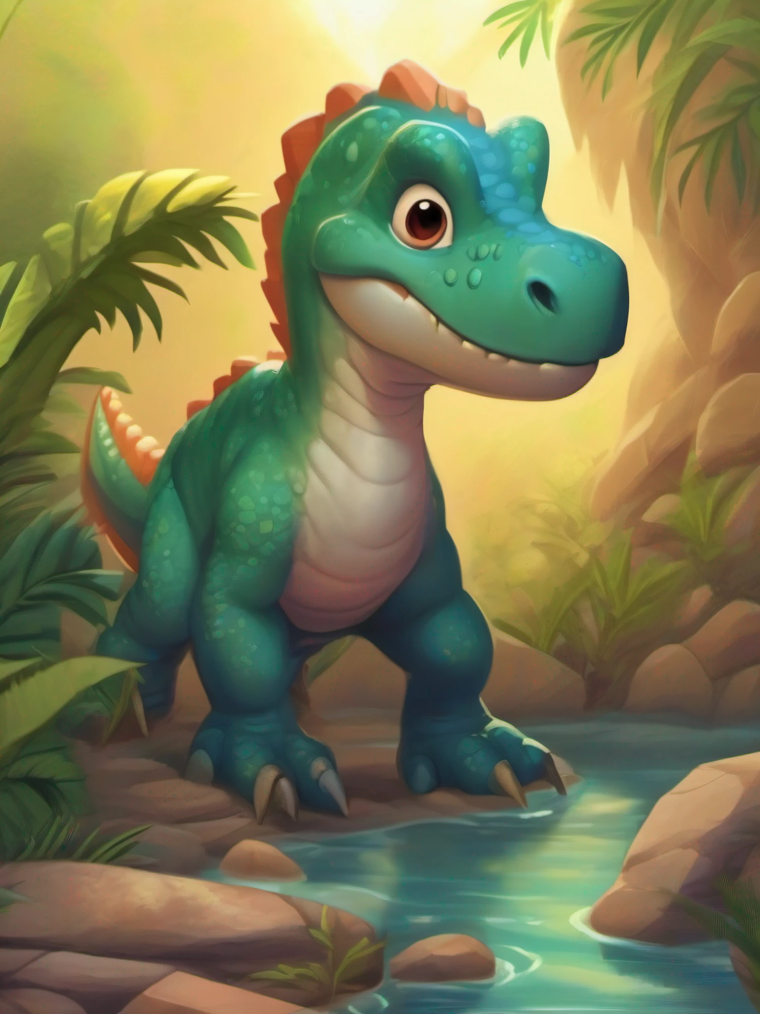 There is one Tyrannosaurus. He is a baby. He is on a large riverbank. Isometric and painted in Disney Pixar style.