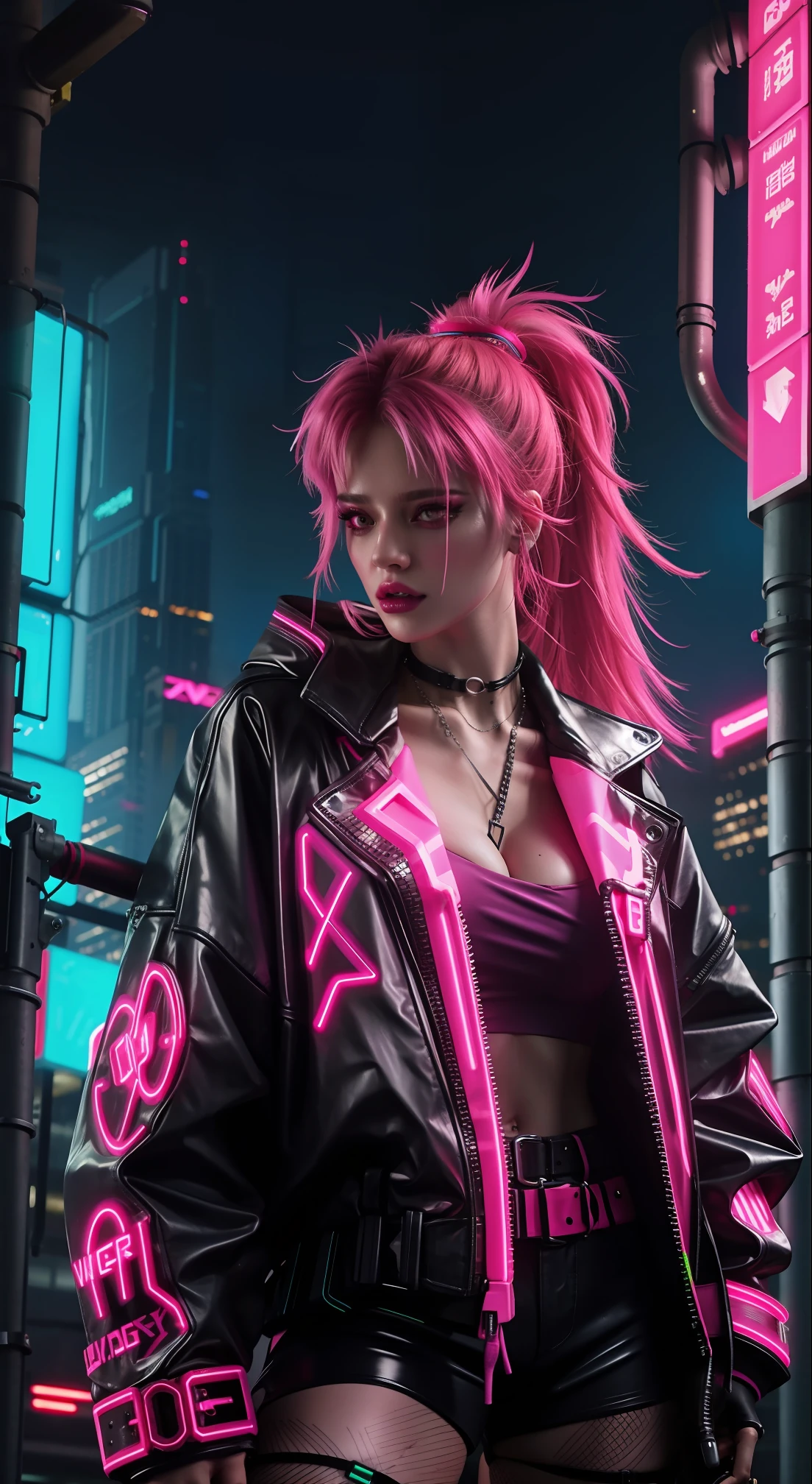 a close up of a woman in a neon outfit talking on a cell phone, cyberpunk vibe, cyberpunk with neon lighting, bright cyberpunk glow, cyberpunk vibes, cyberpunk lighting, cyberpunk style, neon cyberpunk style, in cyberpunk style, cyberpunk look, dreamy cyberpunk girl, cyberpunk photo, neon cyberpunk, cyberpunk aesthetic, cyberpunk streetwear, aesthetic cyberpunk, cyberpunk art style, wearing cyberpunk streetwear,jacket, perfect fingers,
