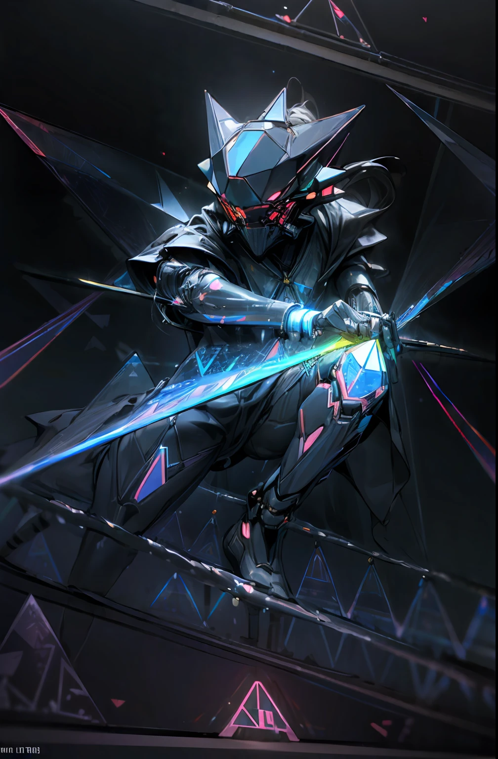(Rhombic hologram:1.6)、helmets、gas masks、(Neon liquid:1.5)、(neon wiring:1.2)、(Samurai costume:1.3)、(Dynamic Posing:1.3)、Irridescent color、cyberpunked、1man、Mechanical Marvel、droid