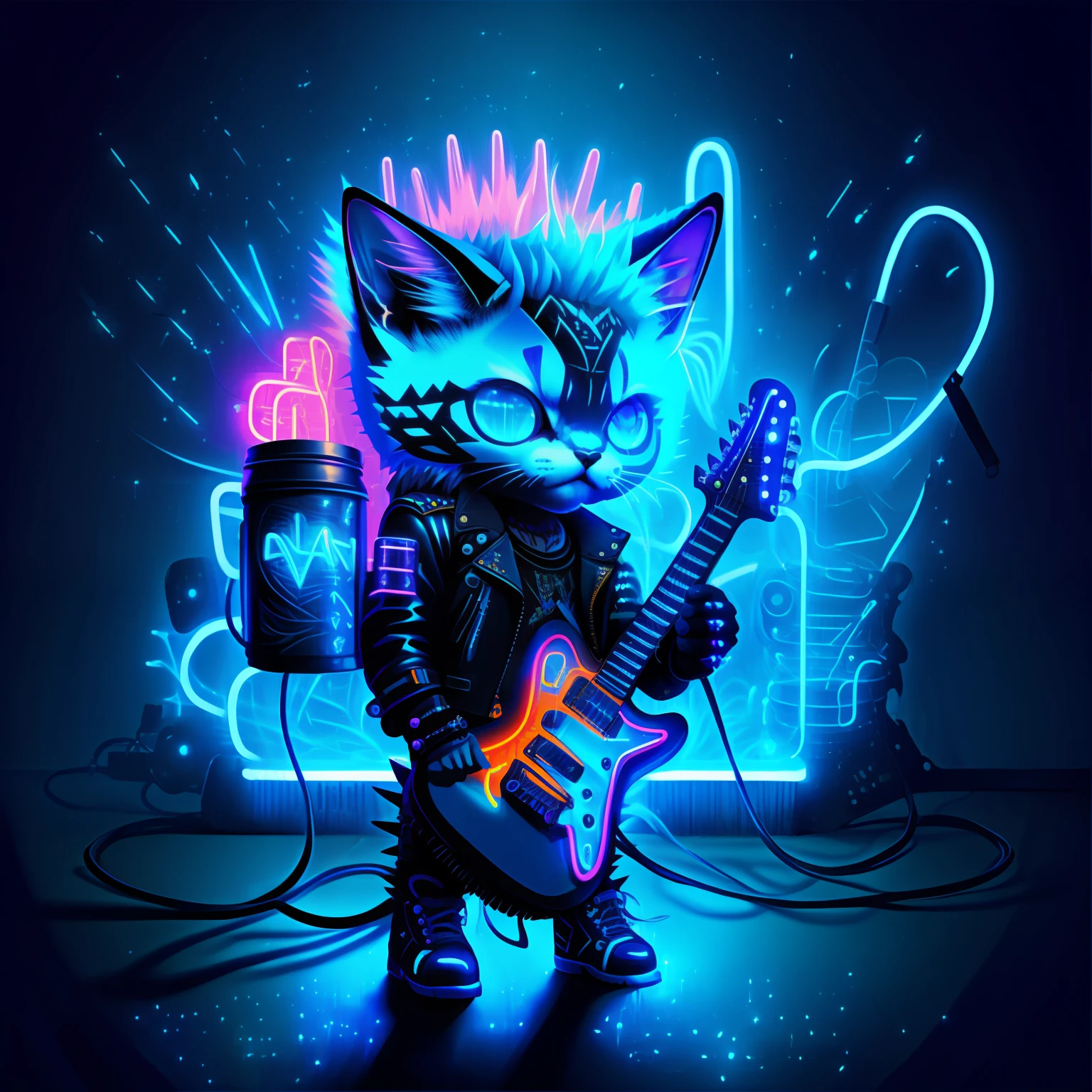 a ((Neon)) Blue alien punk kitten with spiky hair and leather jacket, holding the guitar in one hand and ((Glowing)) An energy drink in another, in the style of BlueAP,Standing on stage, Realistic,((Masterpiece,Best Quality))