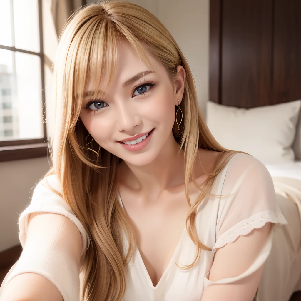 A MILF、Casual dress、A smile、Blonde straight hair、flat chest、A detailed face、Looking at the camera