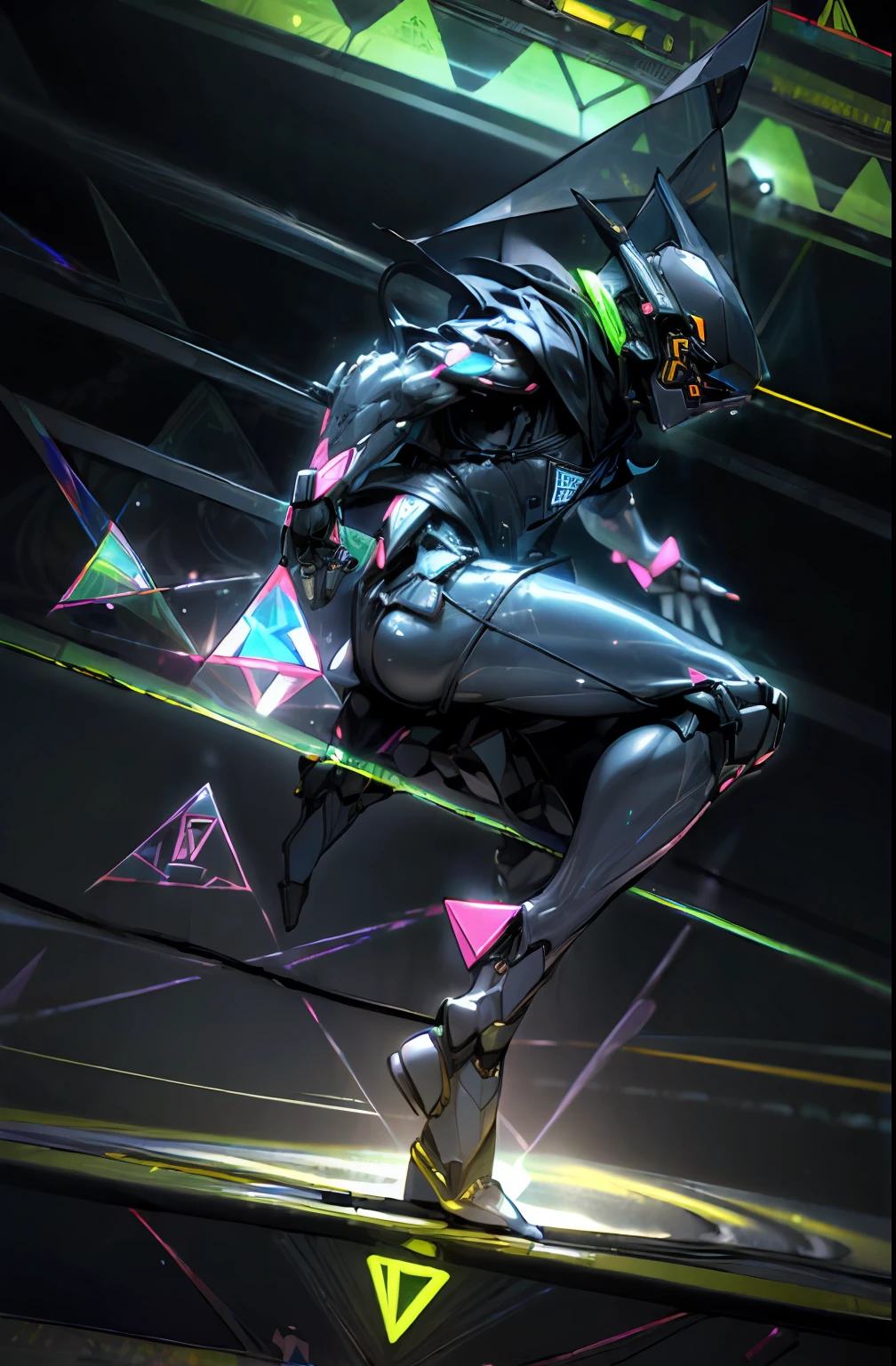 (Rhombic hologram:1.6)、helmets、gas masks、(Neon liquid:1.5)、(neon wiring:1.2)、(Samurai costume:1.3)、(Dynamic Posing:1.3)、Irridescent color、cyberpunked、1man、Mechanical Marvel、droid
