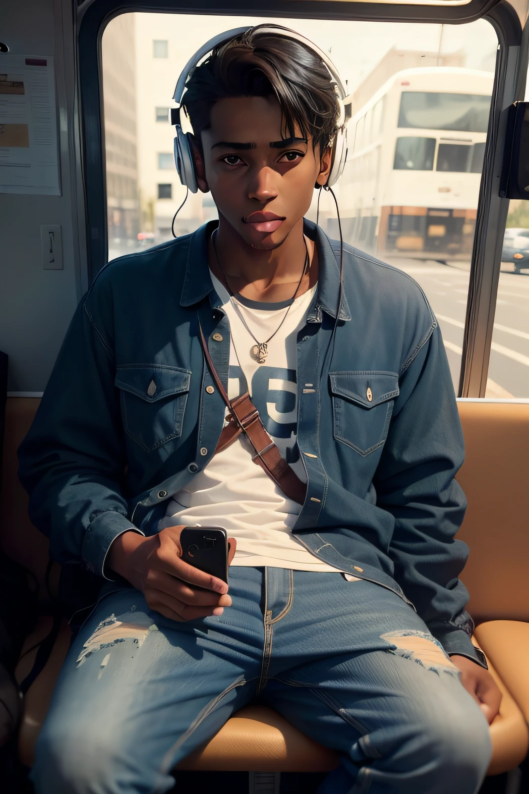 ay suede, ultra realistic. he is on a bus going to college. he is on a bus going to college. He video chats on his cell phone and uses headphones
