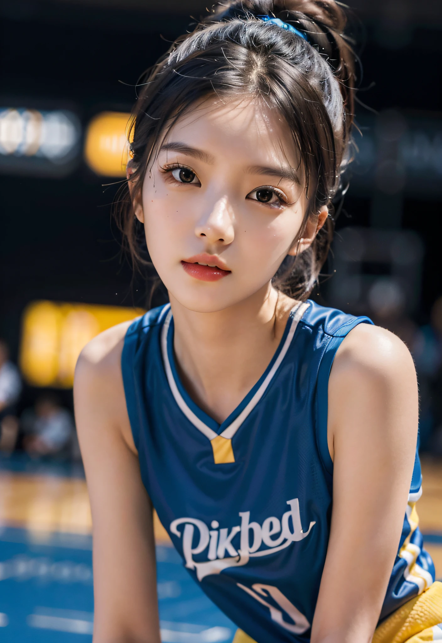 （ best qualtiy， tmasterpiece：1.2），A high resolution，4K,1girll，独奏，Delicate face，real looking skin，Dynamic light and shadow,Sharp focus,depth of fields,The eyes are delicate,pupil realistic, Playful expression， wear basketball uniform，（perfect bodies），（Big breasted 1.4），basketball playground，realisticlying, ultra - detailed, (shiny skins, perspired:1.4), looking at viewert,