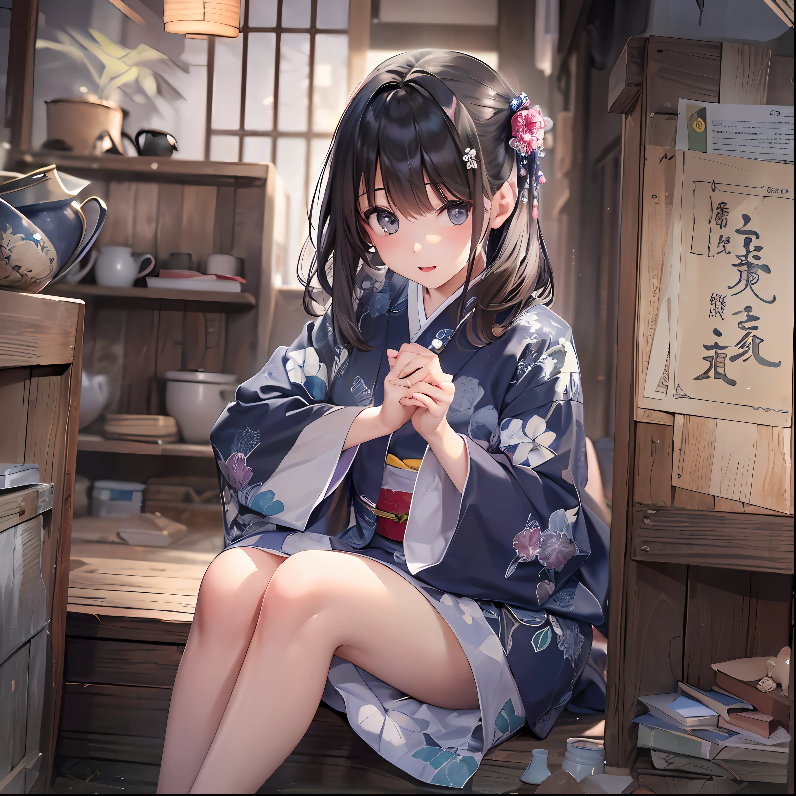 (top-quality、8K、32K、masterpiece、nffsw:1.3)、(Attractive Japanese Woman Pictures)、Girl sitting in the corner of the storeroom、Yukata、A dark-haired、Black eye、