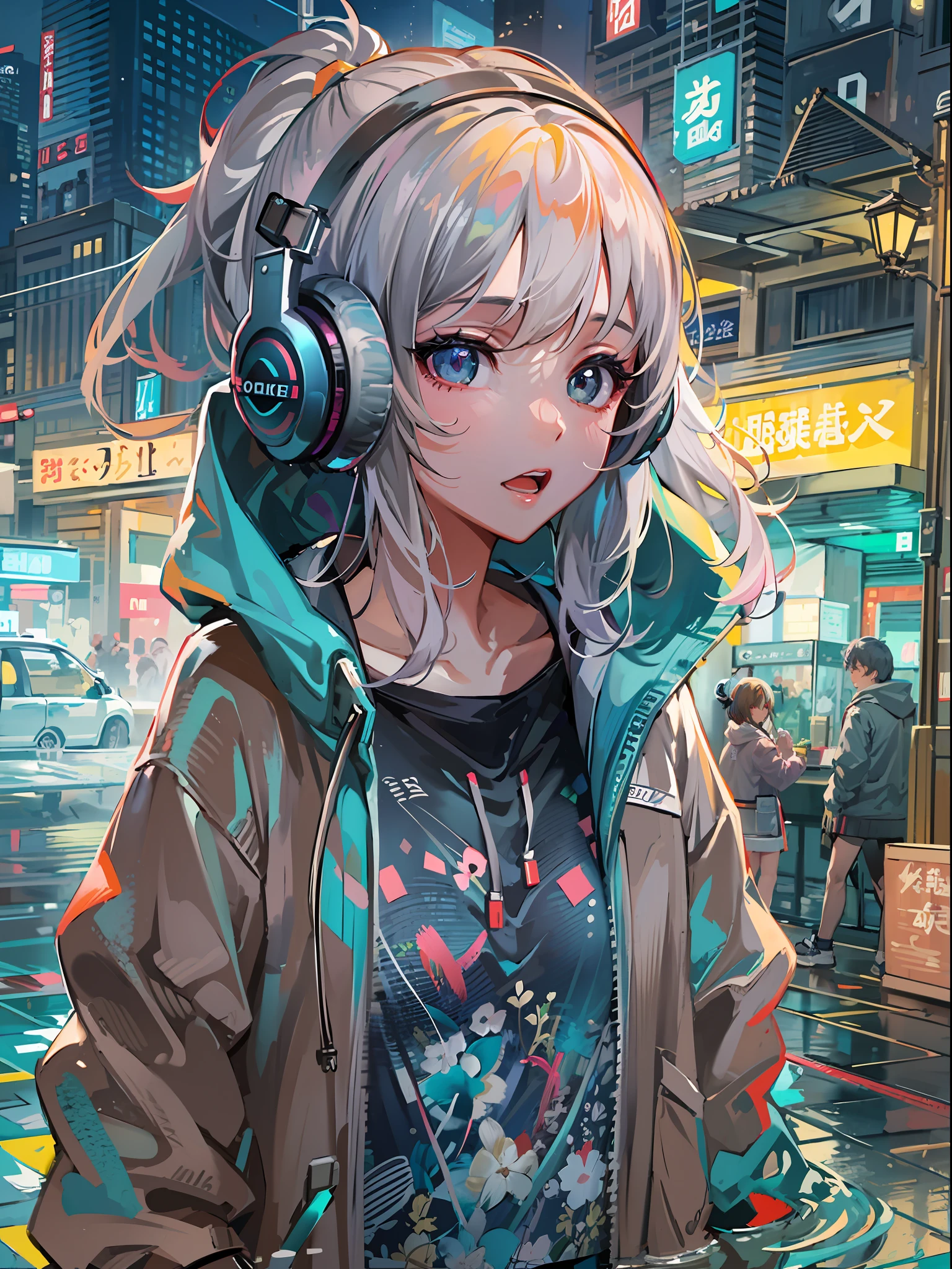 8K分辨率、((top-quality))、((masterpiece))、((ultra-detailliert))、1 woman、独奏、incredibly absurdness、Oversized hoodies、headphones、Street、plein air、Sateen、neons、Shortcut Hair、Brightly colored eyes、Hands in pockets、a miniskirt、water dripping
