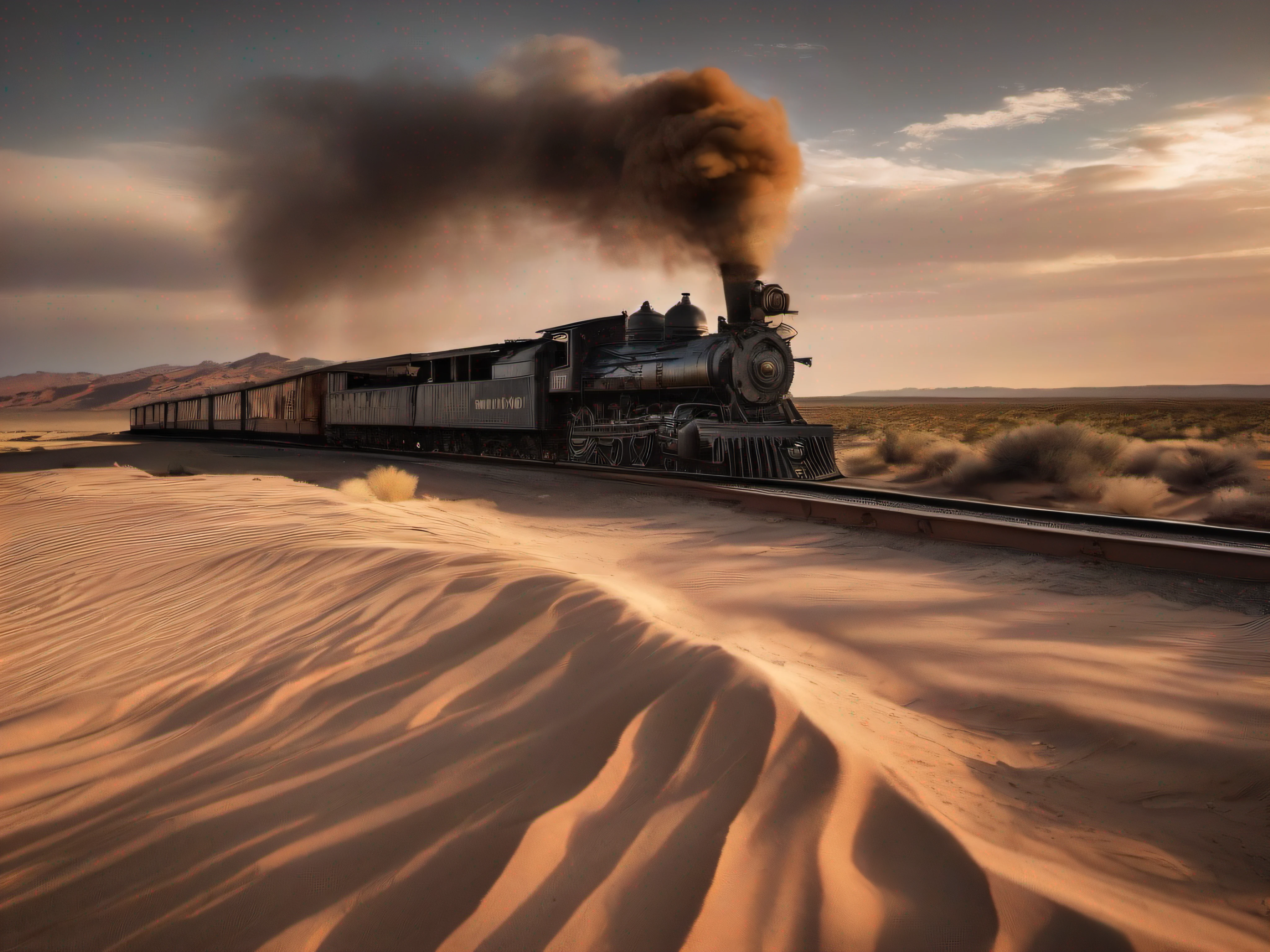 An old steam train, its iron body weathered and worn by the passage of time, chugs along a deserted track that stretches endlessly into the far west. The landscape surrounding the train is a vast expanse of arid desert, with red-orange sand dunes rising and falling like waves frozen in time. The train emits billows of thick black smoke, engulfing the scene in an air of nostalgia and adventure. The warm golden light of the setting sun casts long shadows across the landscape, enhancing the rugged textures and creating a sense of mystery and anticipation. The scene is captured in the style of Ansel Adams, with rich black and white tones that accentuate the train's rustic charm and the stark beauty of the desert. Fujicolor, god rays, Canon, 35mm, f/2.8, super detail, high details, best quality, award winning, 16k, ccurate, masterpiece