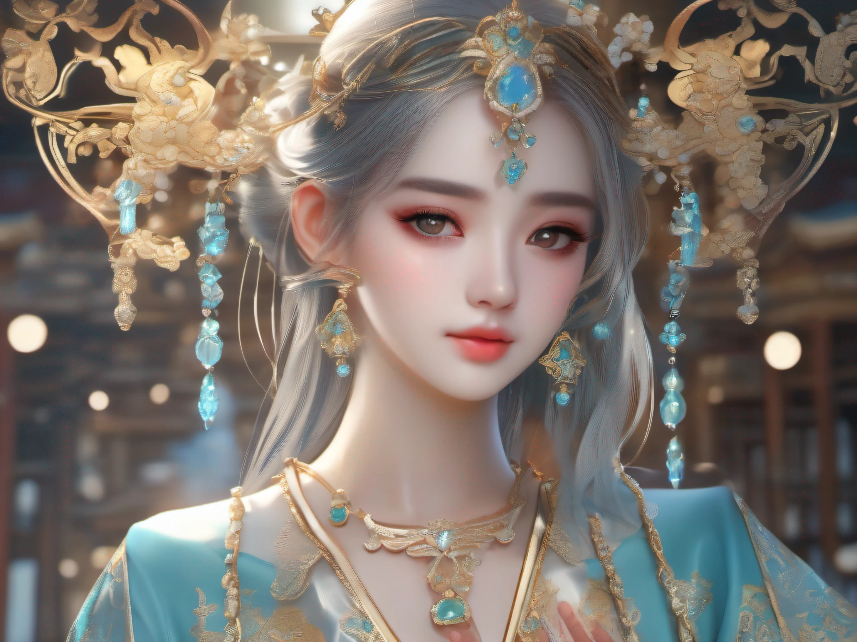 Chinese style young beauty with many elements of jewelry, in the style of anime aesthetic, light gold and light aquamarine, aurorapunk, official art, charming sketches, classical figures, 32k uhd, light smile, high detail, Nikon, textured skin, 16k,--niji 5