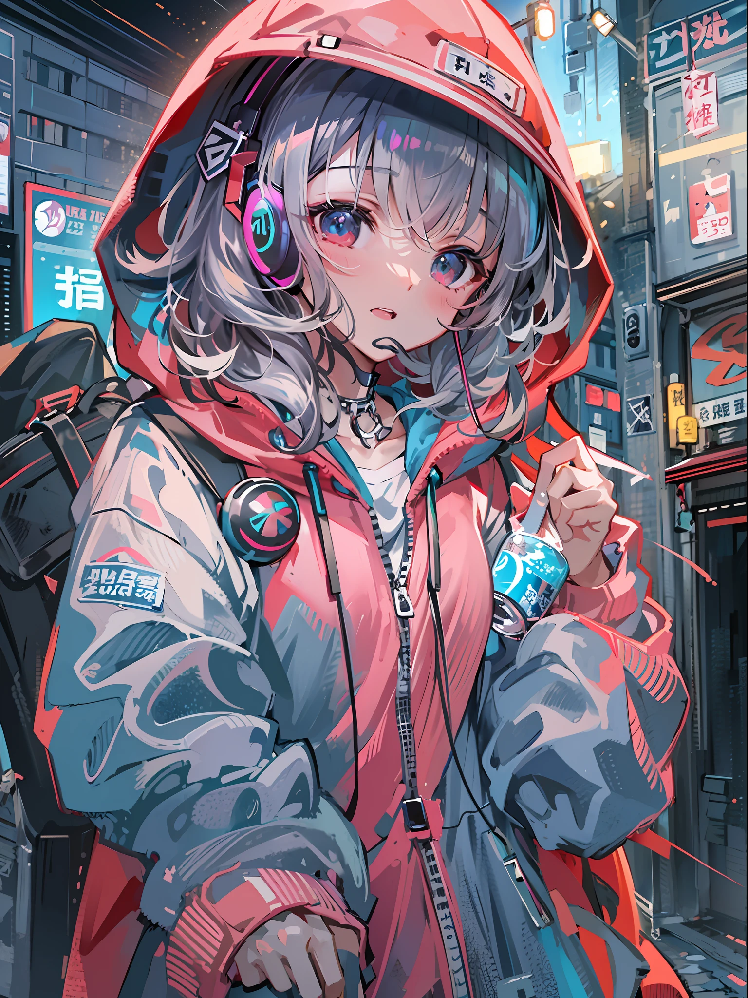 8K分辨率、((top-quality))、((​masterpiece))、((ultra-detailliert))、1 woman、独奏、incredibly absurdness、Oversized hoodies、headphones、Street、plein air、Sateen、neons、Shortcut Hair、Brightly colored eyes、Hands in pockets、a miniskirt、water dripping