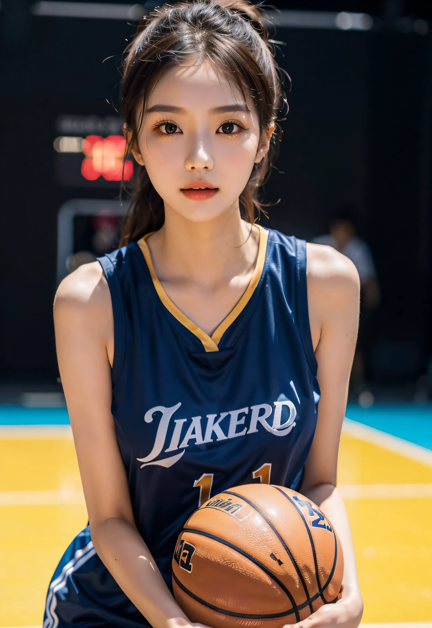 （ best qualtiy， tmasterpiece：1.2），A high resolution，4K,1girll，独奏，Delicate face，real looking skin，Dynamic light and shadow,Sharp focus,depth of fields,The eyes are delicate,pupil realistic, Playful expression， wear basketball uniform，（perfect bodies），（Big breasted 1.4），basketball playground，realisticlying, ultra - detailed, (shiny skins, perspired:1.4), looking at viewert,