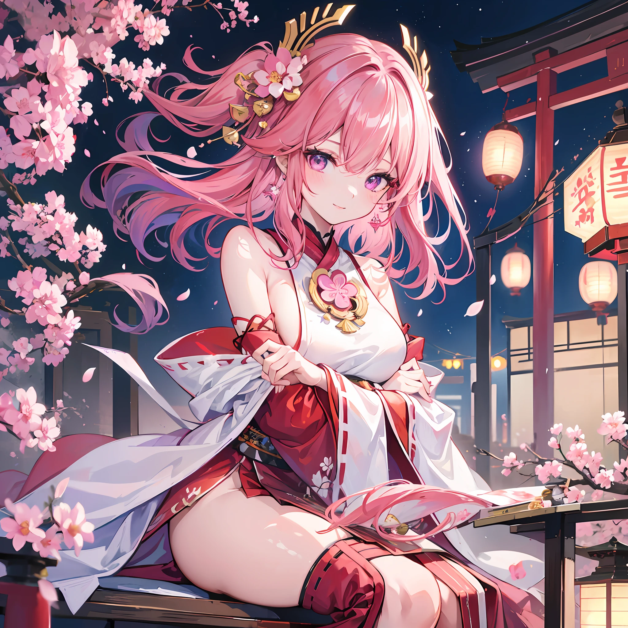 1girl, (ulzzang-6500:0.7), kpop idol, yae miko, detached sleeves, bare shoulders, pink hair, long hair, japanese clothes, best quality, (painting:1.5), (hair ornament:1.35), jewelry, purple eyes, earrings, breasts, torii, cherry blossoms, lantern light, depth of field, detailed face, face focus, ribbon_trim, (looking at viewer:1.25), nontraditional miko, shiny skin, long sleeves, smile, thick lips, game cg, hands on lips, east asian architecture, (blurry background:1.2), sitting, upper body,