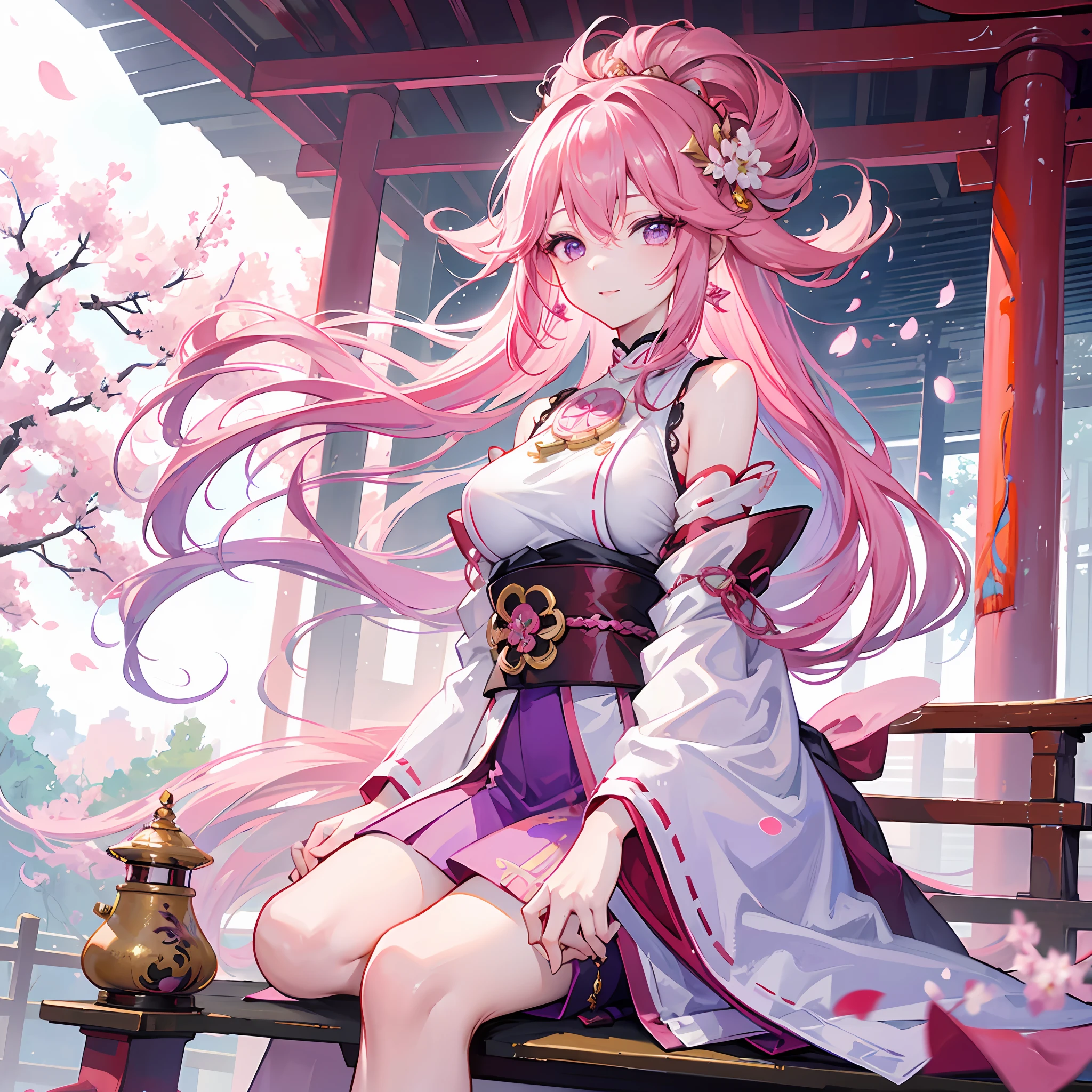 1girl, (ulzzang-6500:0.7), kpop idol, yae miko, detached sleeves, bare shoulders, pink hair, long hair, japanese clothes, best quality, (painting:1.5), (hair ornament:1.35), jewelry, purple eyes, earrings, breasts, torii, cherry blossoms, lantern light, depth of field, detailed face, face focus, ribbon_trim, (looking at viewer:1.25), nontraditional miko, shiny skin, long sleeves, smile, thick lips, game cg, hands on lips, east asian architecture, (blurry background:1.2), sitting, upper body,