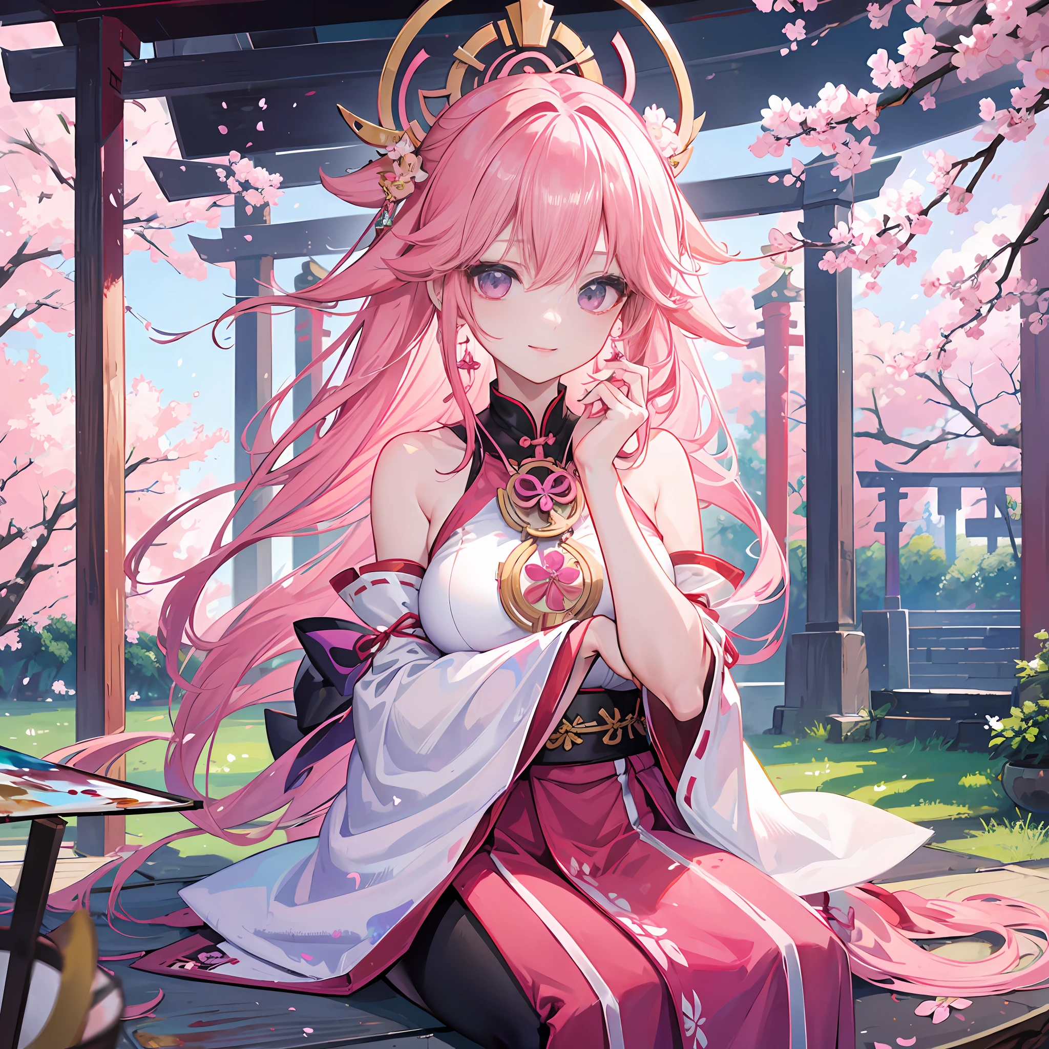 1girl, (ulzzang-6500:0.7), kpop idol, yae miko, detached sleeves, bare shoulders, pink hair, long hair, japanese clothes, best quality, (painting:1.5), (hair ornament:1.35), jewelry, purple eyes, earrings, breasts, torii, cherry blossoms, lantern light, depth of field, detailed face, face focus, ribbon_trim, (looking at viewer:1.25), nontraditional miko, shiny skin, long sleeves, smile, thick lips, game cg, hands on lips, east asian architecture, (blurry background:1.2), sitting, upper body,