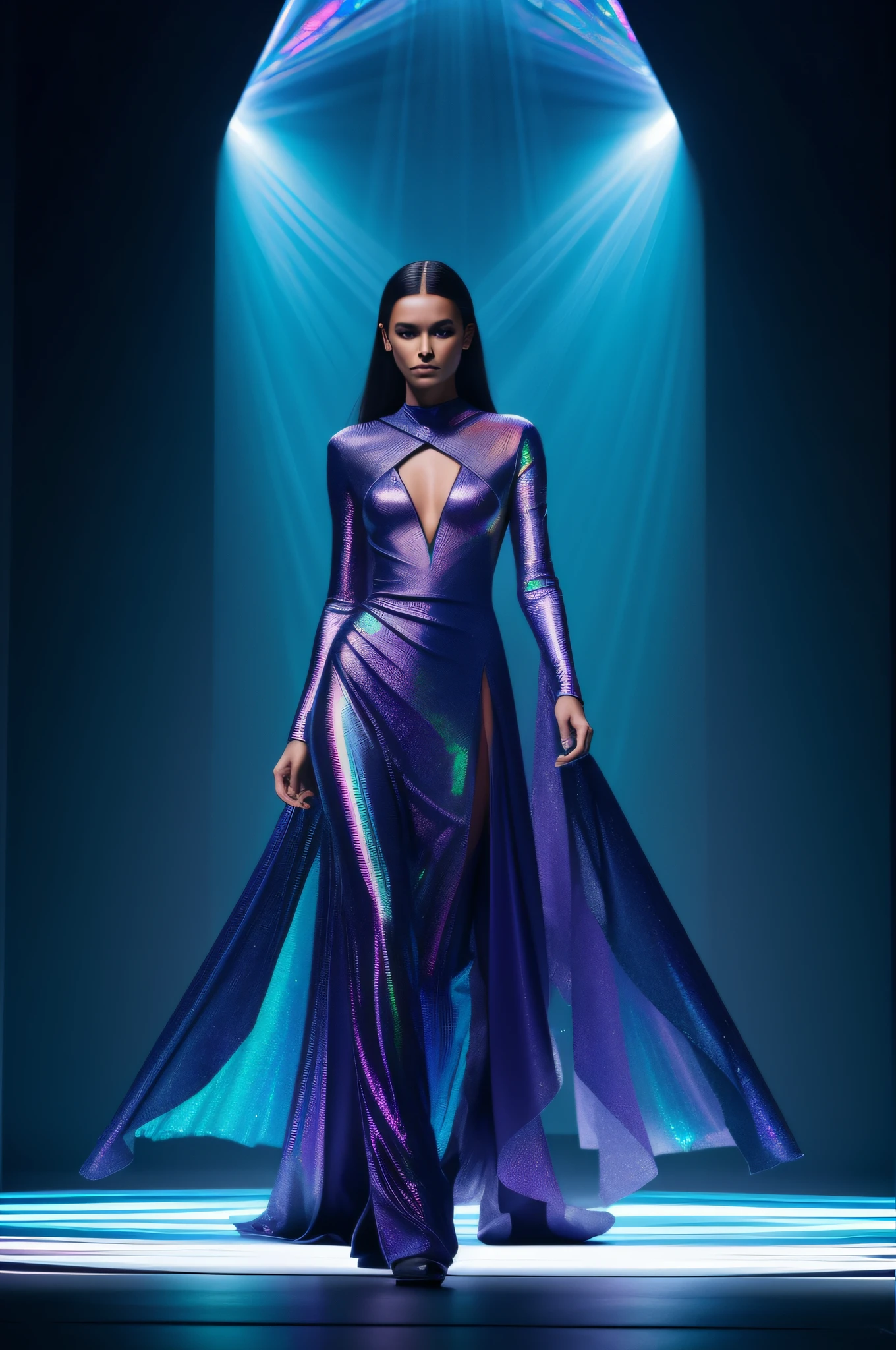 A confident fashion model gracefully walks down a futuristic runway, showcasing a stunning dress made entirely of water bottle covers. The design reflects eco-friendly values and captivates the audience with its shimmering, iridescent colors. The backdrop features holographic projections of waterfalls, and the vibrant neon lights create a surreal and mesmerizing atmosphere. The high-resolution digital painting, inspired by the surrealism of H.R. Giger, perfectly captures the essence of this futuristic high-tech fashion show.
