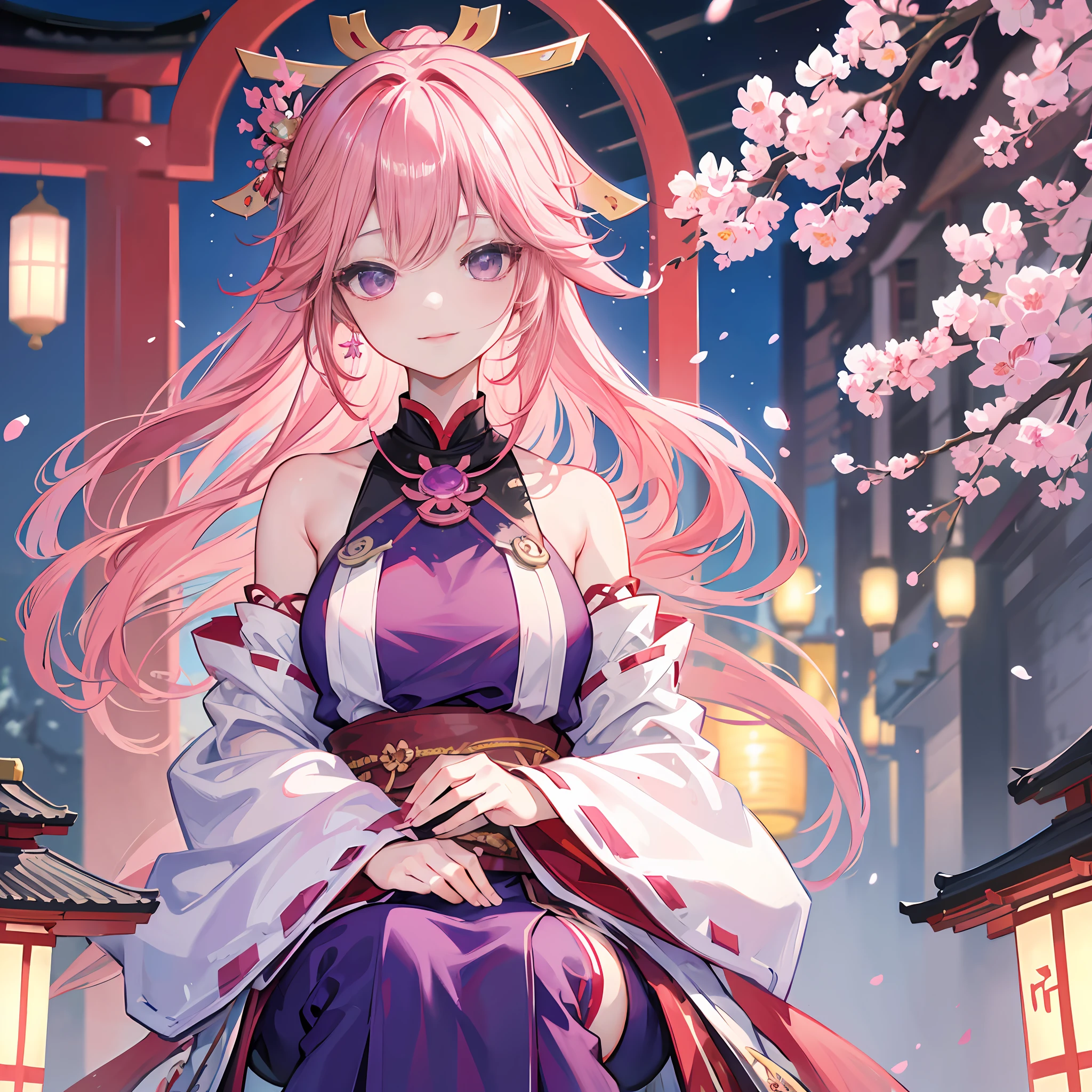 1girl, (ulzzang-6500:0.7), kpop idol, yae miko, detached sleeves, bare shoulders, pink hair, long hair, japanese clothes, best quality, (painting:1.5), (hair ornament:1.35), jewelry, purple eyes, earrings, breasts, torii, cherry blossoms, lantern light, depth of field, detailed face, face focus, ribbon_trim, (looking at viewer:1.25), nontraditional miko, shiny skin, long sleeves, smile, thick lips, game cg, hands on lips, east asian architecture, (blurry background:1.2), sitting, upper body,