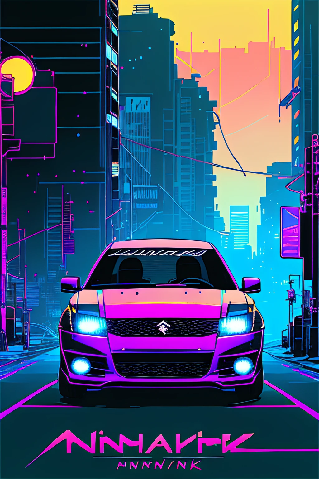 (nvinkpunk:1.2) SNTHWVE style modified Suzuki swift、lightwave、the sunset、iintricate、The is very detailed