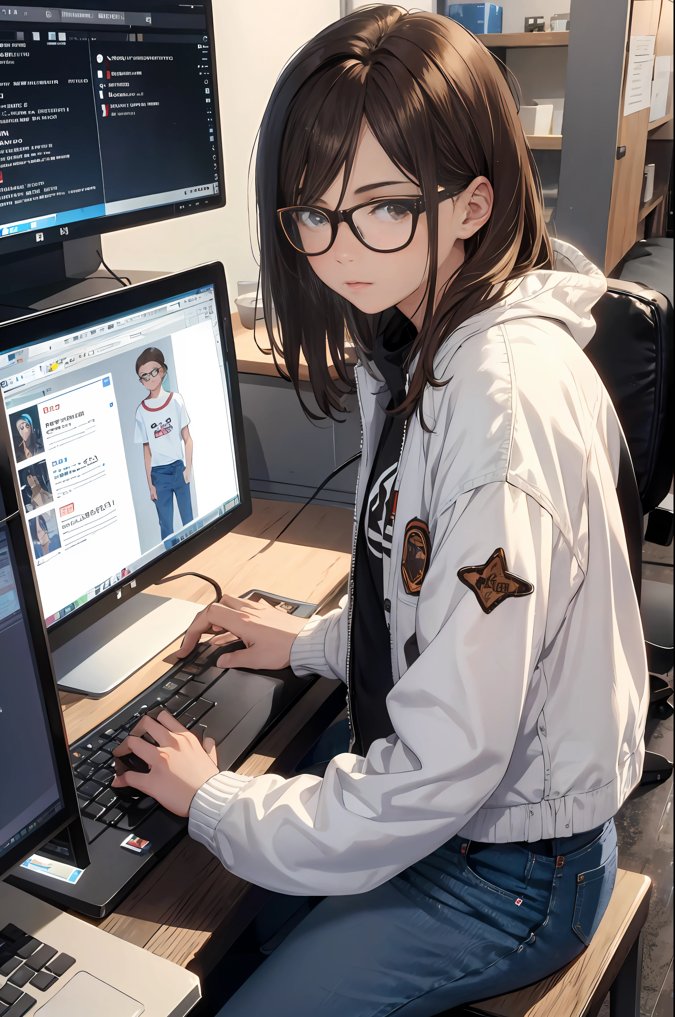 Brown hair and glasses、Young gymnast in jeans, White T-shirt and denim jacket on left, Computer on the computer screen, Various code-realistic movies in the matrix style