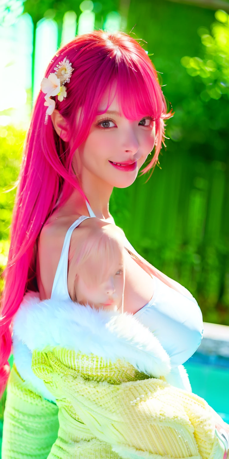 (8K, 4K, Best quality, A high resolution:1.2), (marsterpiece, Realistic, photograph realistic:1.37), 1girll, Solo, Beautiful face, eyeslashes, nase, Glossy lips, (Detailed eyes, view the viewer, Fair skin, White skin:1.2), fine complexion, Upper body,
(:1.2), Large breasts, , 
Outdoor onsen, 
two sides up, Absurdly long hair, Blonde hair, Pink hair, bangs,
Younger, aged down,