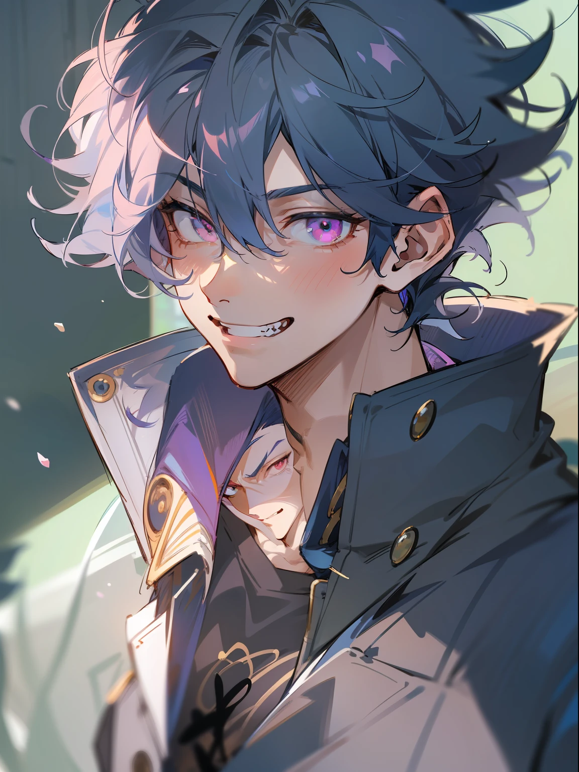 Ultra Detail,Haig Quality,sketch,1boy,matured male,Beautiful face,(Navy blue hair,Outer hair:1.3),Handsome men,Pearl skin,black tshirt,Moss Green Mod Coat,Dynamic Angle,Japan Anime,Pink eyes,Laugh,Like a cat's eye,city,male in his 20s,face seen from the side