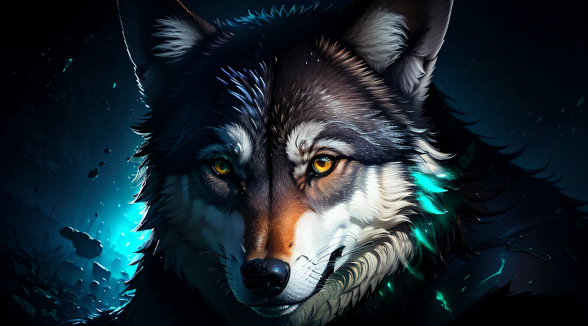 masterpiece, best quality, dark environment, backlit, blue moon, wolf, wolf head, wolf hair, (very detailed CG unified 8k wallpaper), (best quality), (best illustration), bow-waisted werewolf, close-up, focused face, depth of field, blurred background, black forest, (best shadows), detailed green eyes, ridiculous, realistic lighting, (abyss), beautifully detailed, Peter Morbach's work, fog,