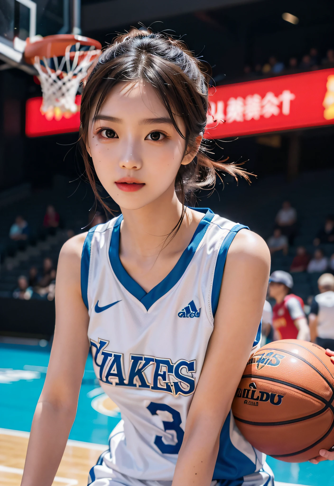 ( best qualtiy, tmasterpiece:1.2),A high resolution,4K,1girll,独奏,Delicate face,real looking skin,Dynamic light and shadow,Sharp focus,depth of fields,The eyes are delicate,pupil realistic, Playful expression, wear basketball uniform,(perfect bodies),(Big breasted 1.2),basketball playground,realisticlying, ultra - detailed, (shiny skins, perspired:1.4), looking at viewert,
