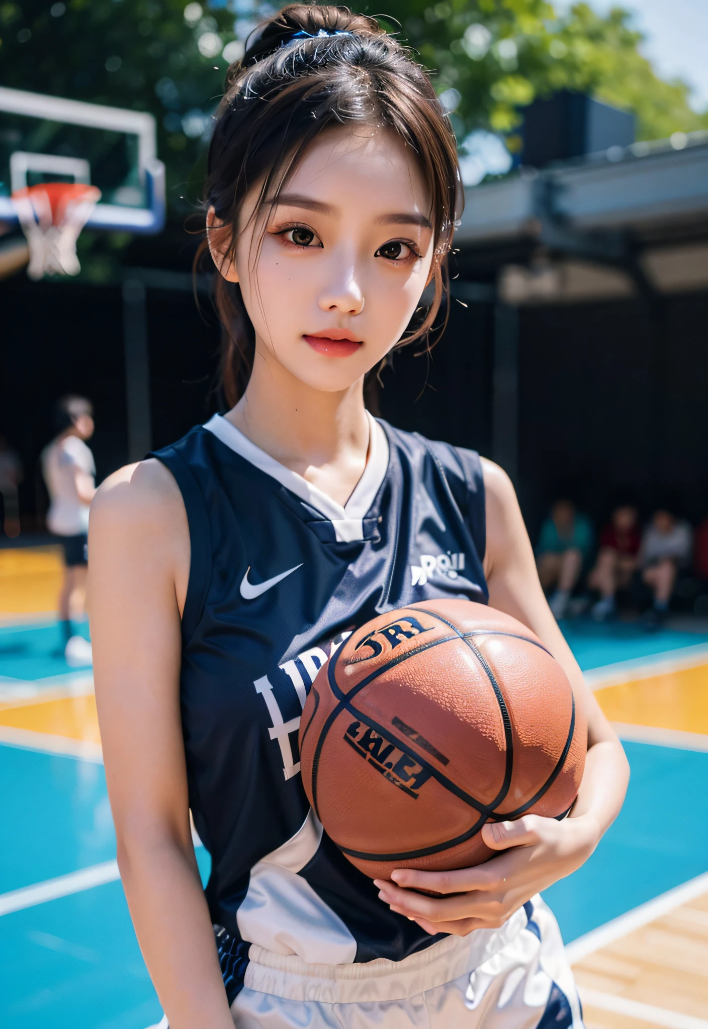 （ best qualtiy， tmasterpiece：1.2），A high resolution，4K,1girll，独奏，Delicate face，real looking skin，Dynamic light and shadow,Sharp focus,depth of fields,The eyes are delicate,pupil realistic, Playful expression， wear basketball uniform，（perfect bodies），（Big breasted 1.2），basketball playground，realisticlying, ultra - detailed, (shiny skins, perspired:1.4), looking at viewert,