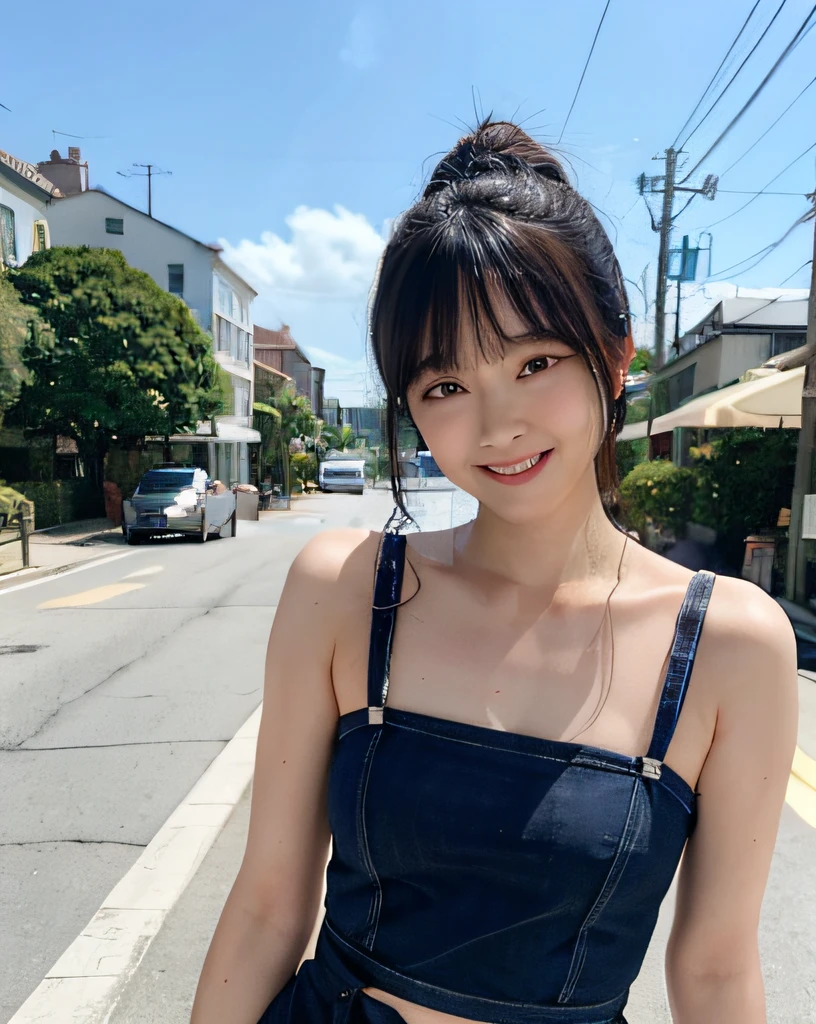 street corner、femele、top-quality、女の子 1 a person、middlebreasts、tag、with light glowing、blur backgroun、bokeh dof、outside of house、(Street:0.8)、(a person々、Large crowds:1、A slender、large full breasts、Sleeveless、White Tube Tops、(((underboob)))、Clothes that adhere perfectly to the body、Watching the viewer、Denim Belly Shorts:1.4、(((lowrise:1.4)))、Denim pants that are the perfect size for the body、((Damage pants))、a gorgeous(straight haired、Hair up to the waist)、Forehead:0.8)、Beautiful sky with details、耳Nipple Ring、A slender、Sareme、 (above knee)、Soft lighting、a smile、the wind、glowy skin、The wind is blowing、Keep your mouth shut、Do not show your teeth、Embarrassing、