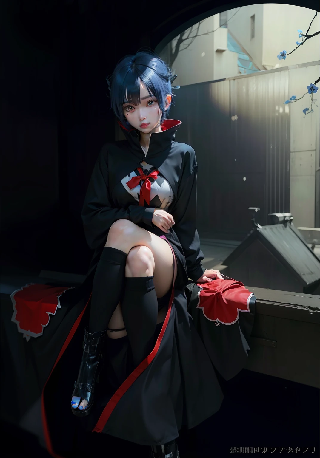 1girl, konan akatsuki, blue hair, short hair, black eyes, black clothes, realistic, ultra detail