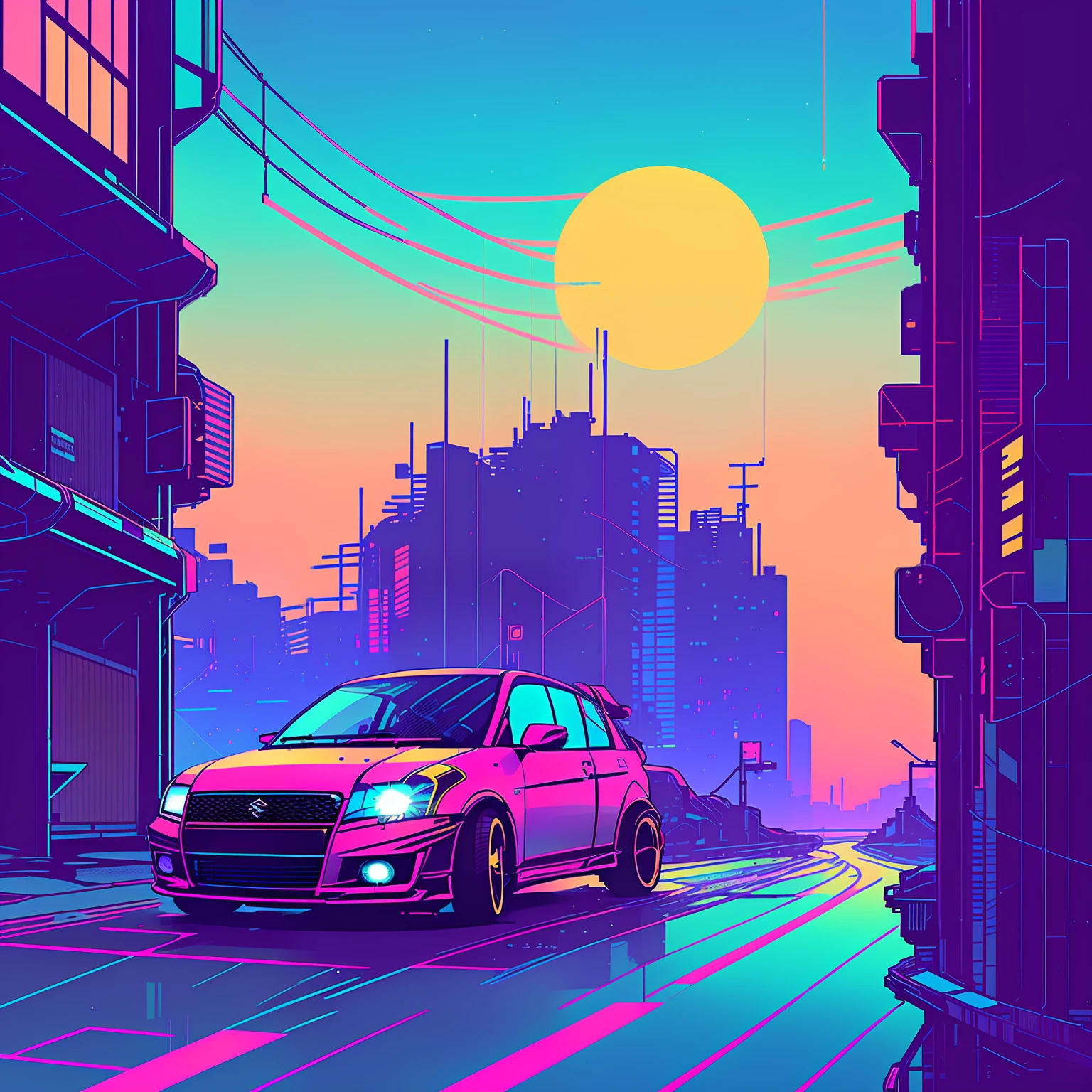 (nvinkpunk:1.2) SNTHWVE style modified Suzuki swift、lightwave、the sunset、iintricate、The is very detailed